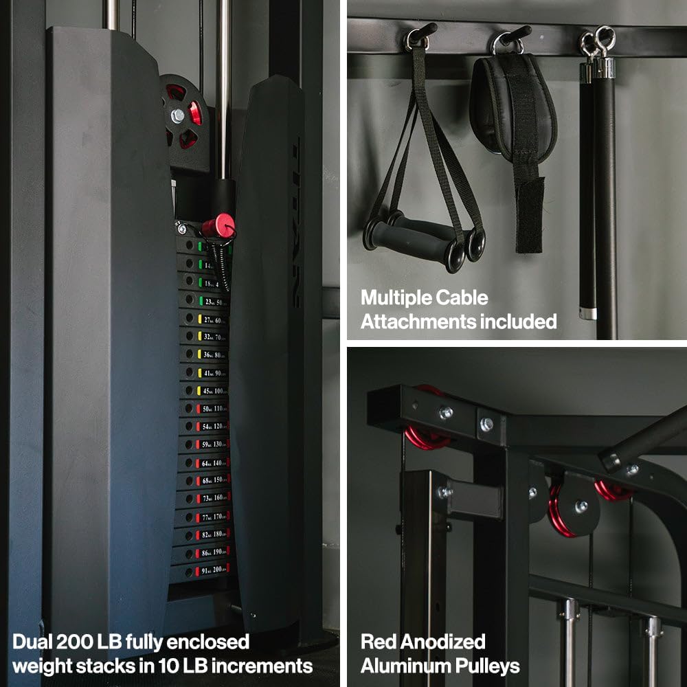 Titan Fitness Functional Trainer Cable Crossover Machine, 200 LB Double Weight Stack, 2:1 Cable Pull Station, Home Gym Workout Weight Training Machine with Attachments