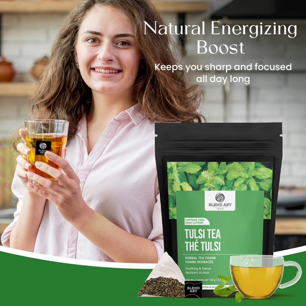 Tulsi Holy Basil Tea Bags 50 Count For Cognitive Balance & Overall Health Ayurvedic Tulsi With Antioxidants Caffeine Free Holy Basil Leaves Pyramid Herbal Tea Bags Support Digestion & Boost Immunity