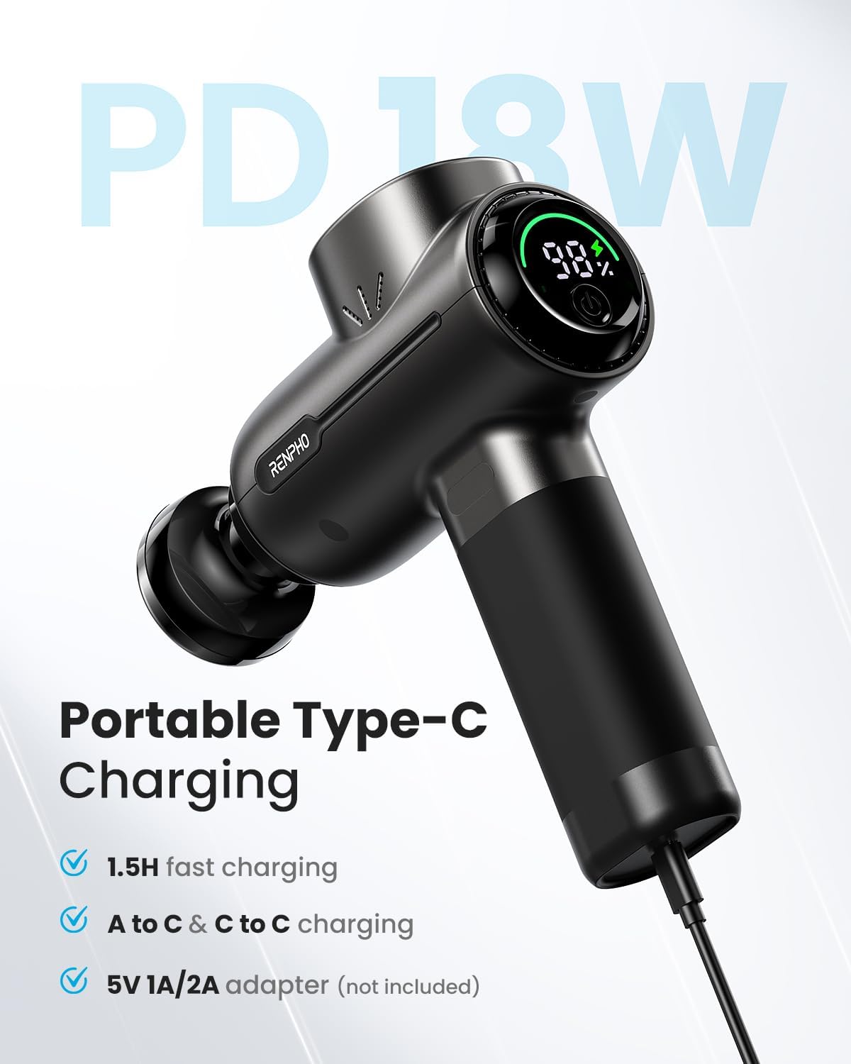 RENPHO Massage Gun with Heat, Portable Muscle Percussion Massager with Bluetooth for Back and Neck, 5 Replaceable Heads, Carry Case, Gifts for Men Women