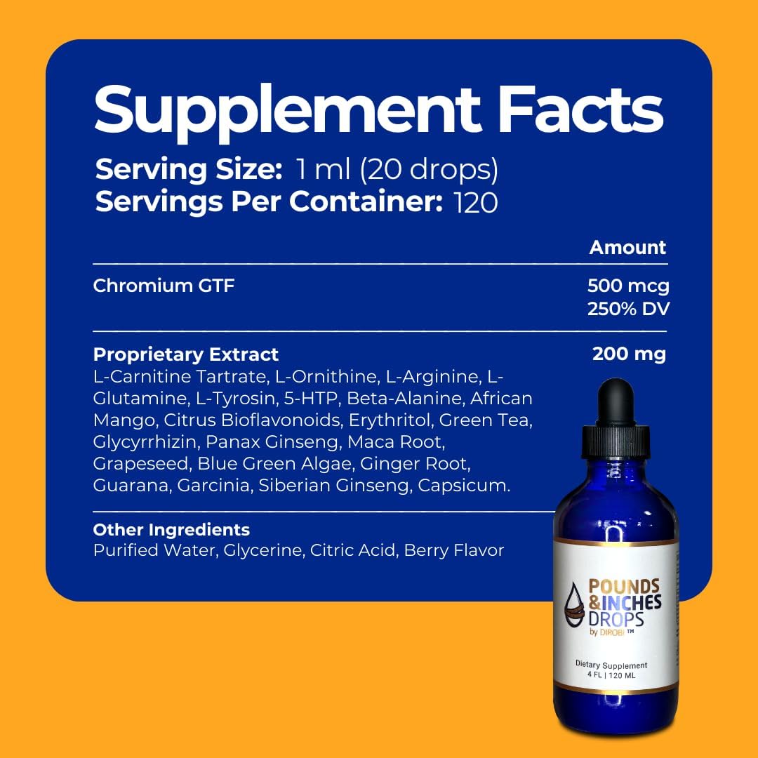 Dirobi Pounds and Inches Weight Management Drops, Liquid Supplement for Women and Men, Diet-Pill Alternative with Delicious Blueberry Flavor, 2 Oz. Bottle