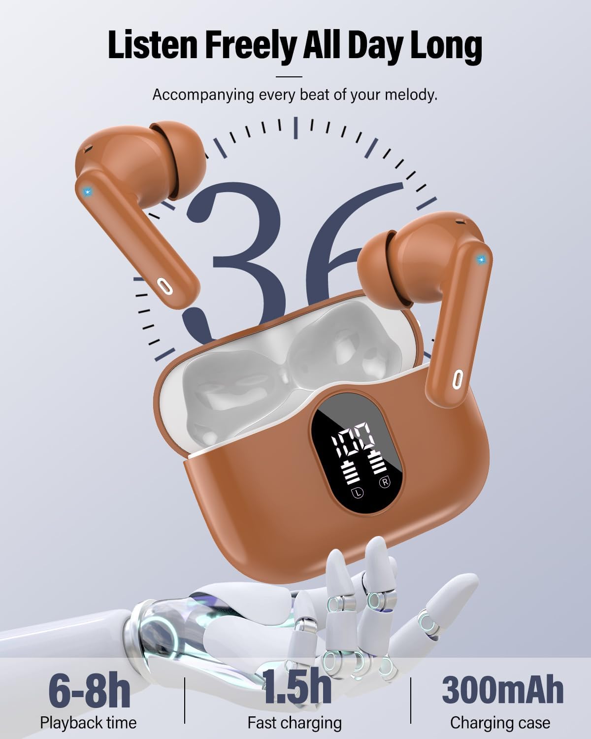 Wireless Earbuds, Bluetooth 5.4 Headphones Bass Stereo, Ear Buds with Noise Cancelling Mic, IP7 Waterproof in Ear Earphones, 36H LED Display Bluetooth Earbuds for Laptop Pad Phones Sports, Brown