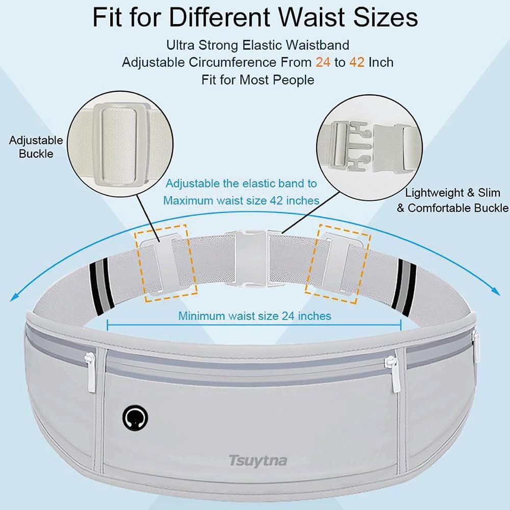 Running Belt for Women & Men - Slim Phone running belt with Water-Resistant Phone Holder, 3 pockets Adjustable Waist Strap, Reflective Safety Design for Running, Hiking, Travel,Fitness (Grey)