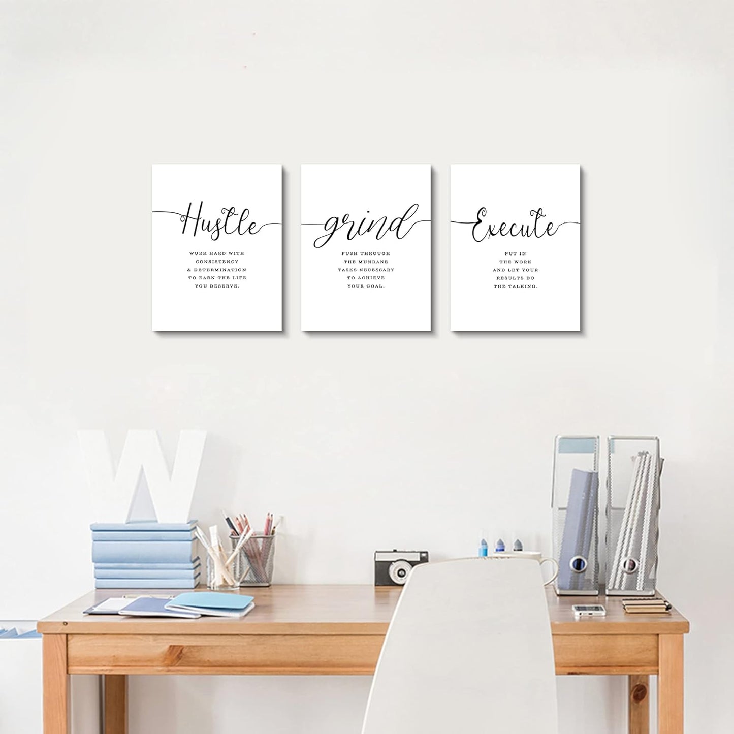 Framed Canvas Wall Art Grind Hustle Quote Poster, Office Wall Art, Positive Motivational Set of 3 Prints, Hustle prints Execute, Inspirational Wall Decor Art (H-3pcs,12x16inchx3pcs)