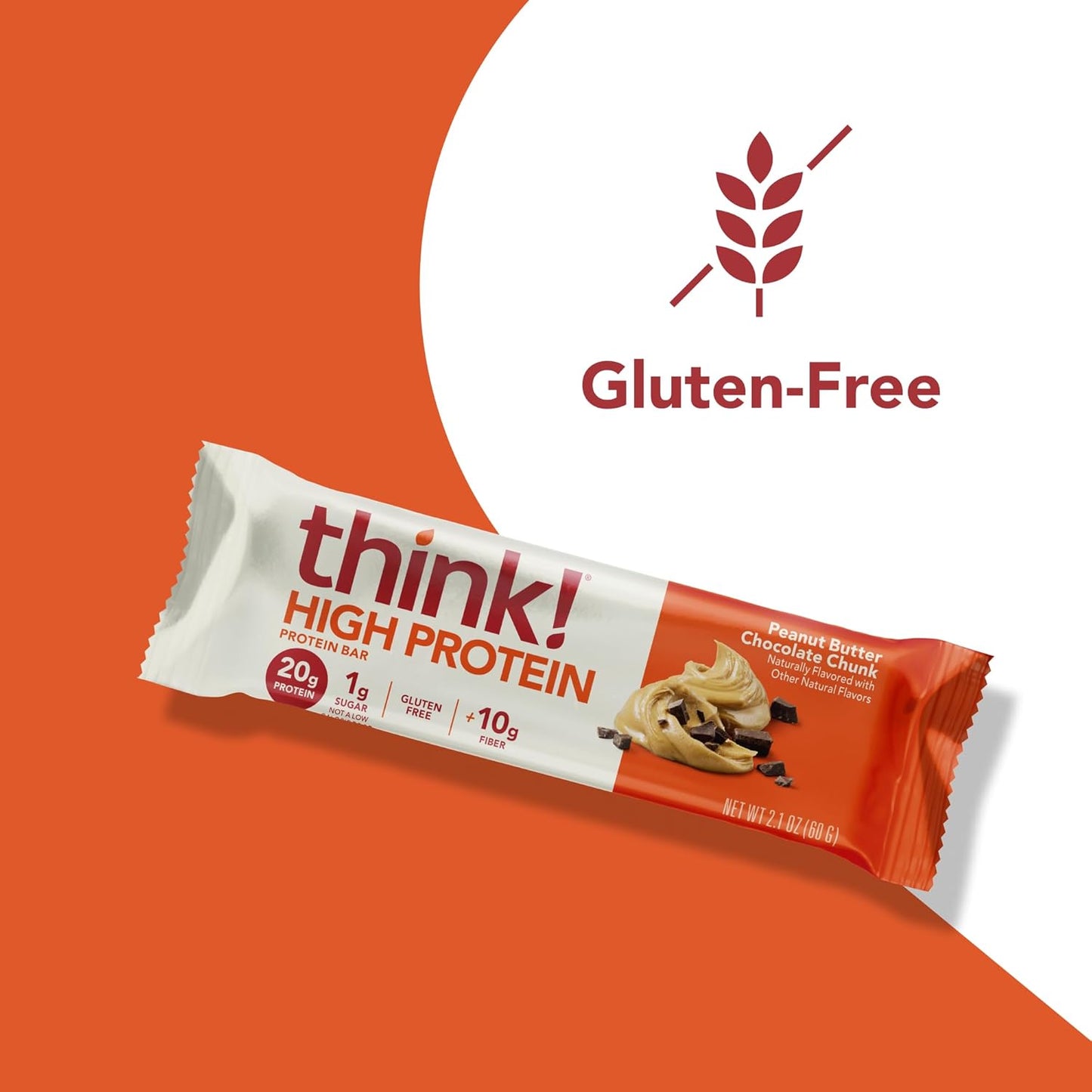 think! Protein Bars, High Protein Snacks, Gluten Free, High Fiber, Peanut Butter Chocolate Chunk, 10 Count
