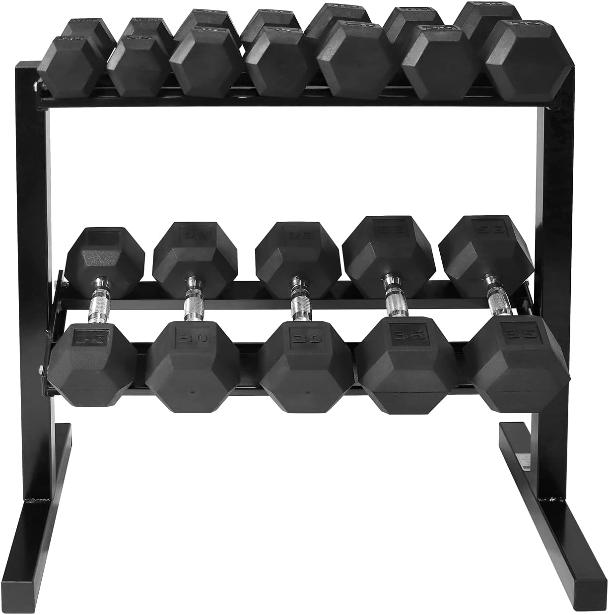 WF Athletic Supply Rubber Coated Hex Dumbbell Set with Two Tier Premium Storage Rack Built for Strength Building, Weight Loss & Home Gym β Multiple Sets Available