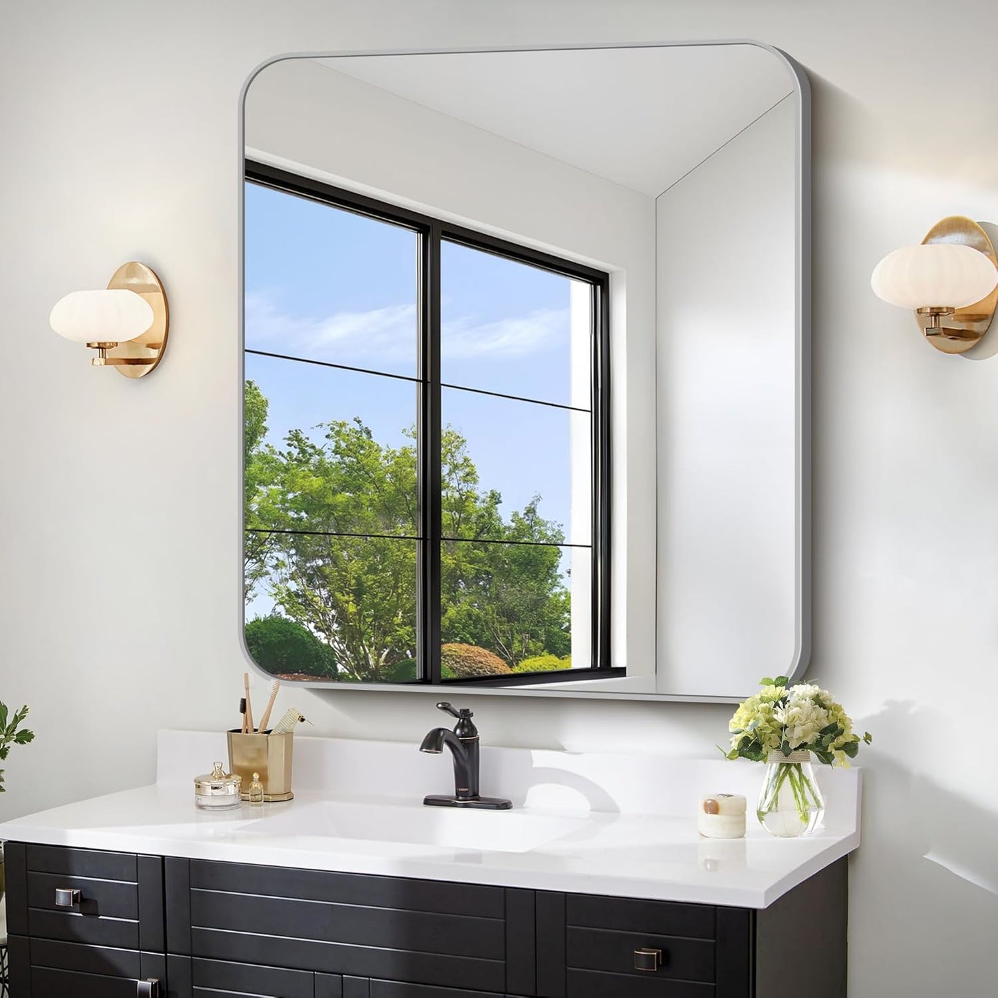 FORBATH 30x30 Inch Silver Bathroom Mirror for Over Sink, Large Square Wall Mirror with Metal Frame, Rounded Corners for Bathroom, Bedroom, Entryway Decor (Horizontal or Vertical)