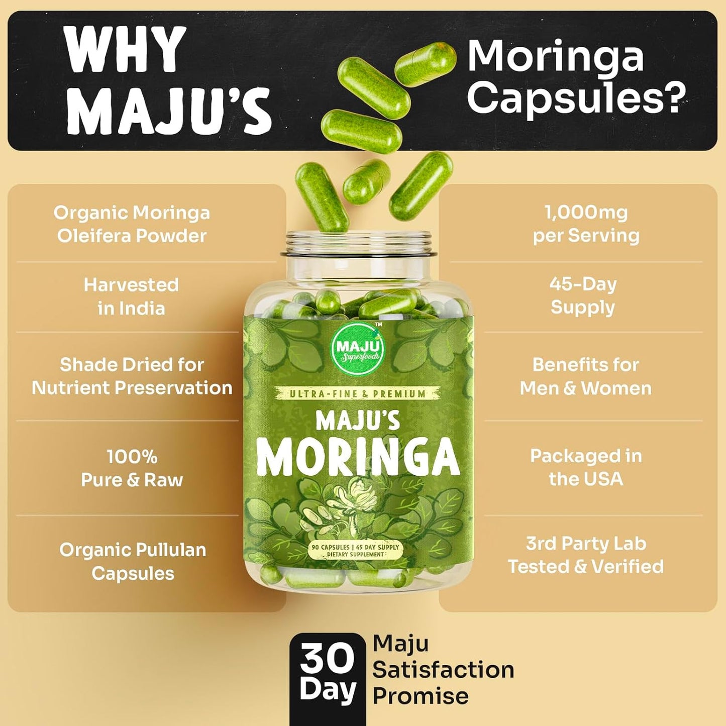 Maju Superfoods Organic Moringa Capsules, Oleifera Leaf, Extra-Fine Quality Moringa Leaves, Dried Drumstick Tree Leaves, Organic Moringa Powder Extract Supplement Capsules from Plant (90 ct)