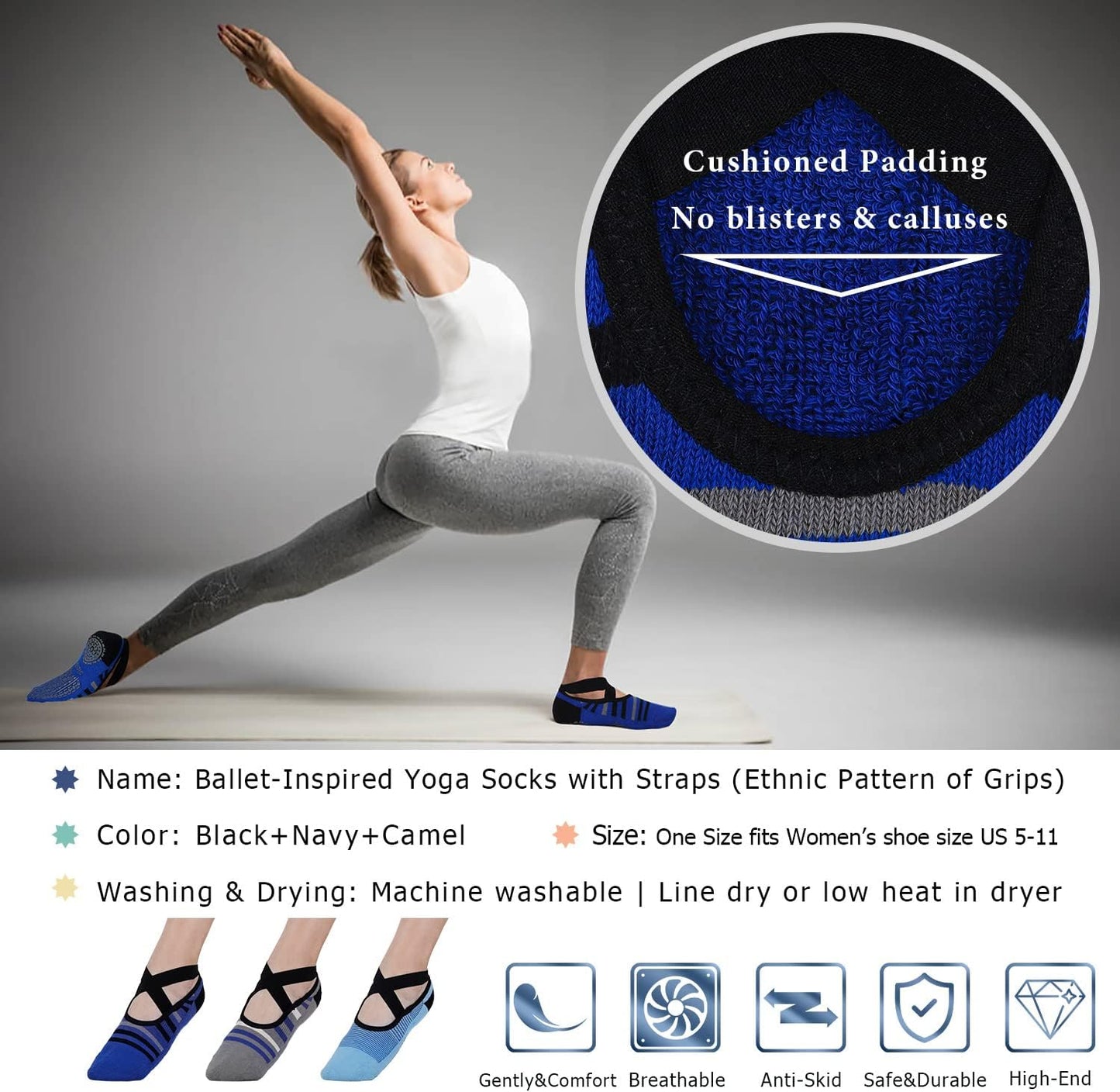 Ozaiic Yoga Socks for Women Non-Slip Grips & Straps, Ideal for Pilates, Pure Barre, Ballet, Dance, Barefoot Workout