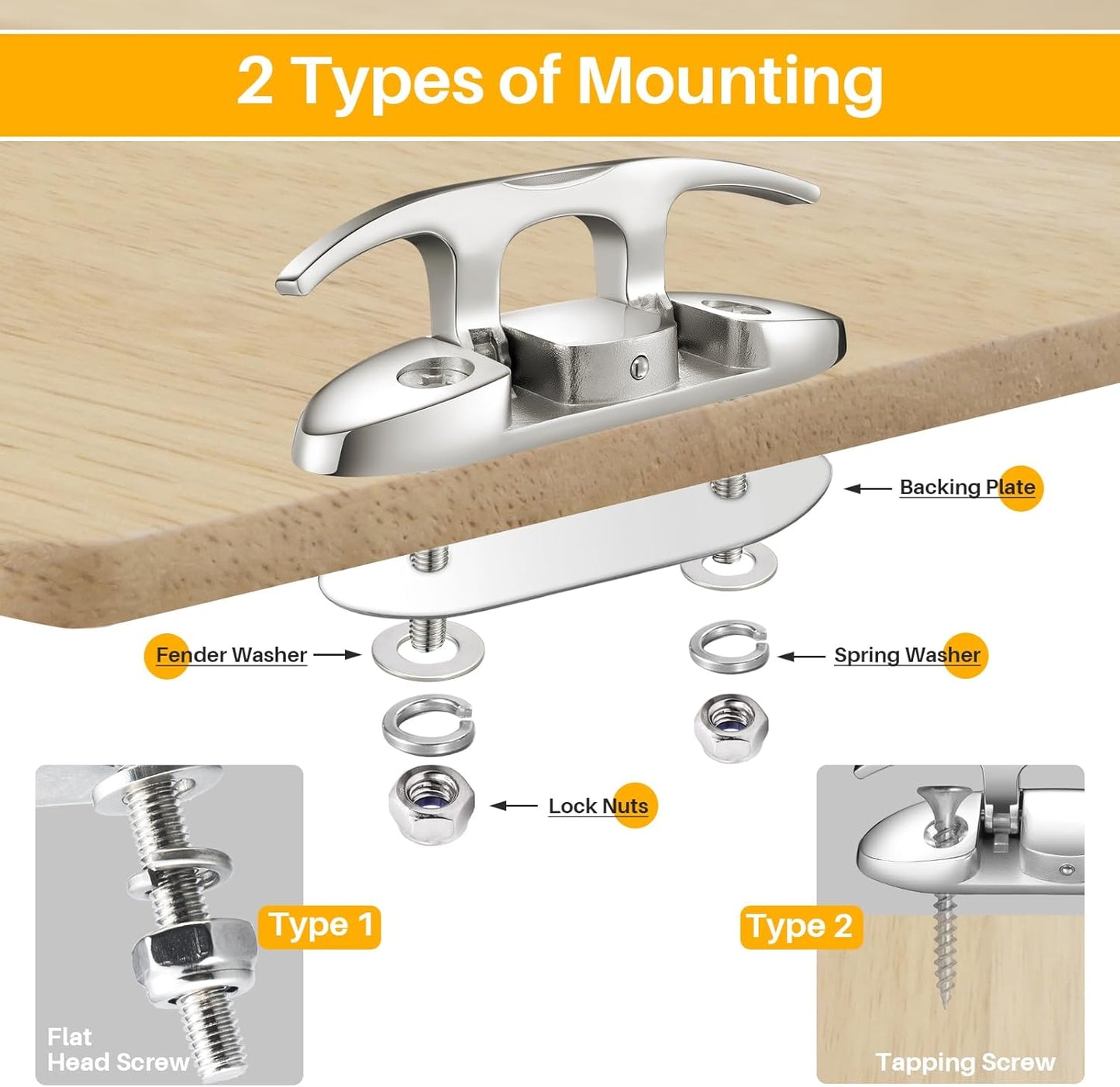 Folding Boat Cleats Marine Grade Stainless Steel 316 Flip Up Boat Cleats Pack of 4, Installation Accessories Included