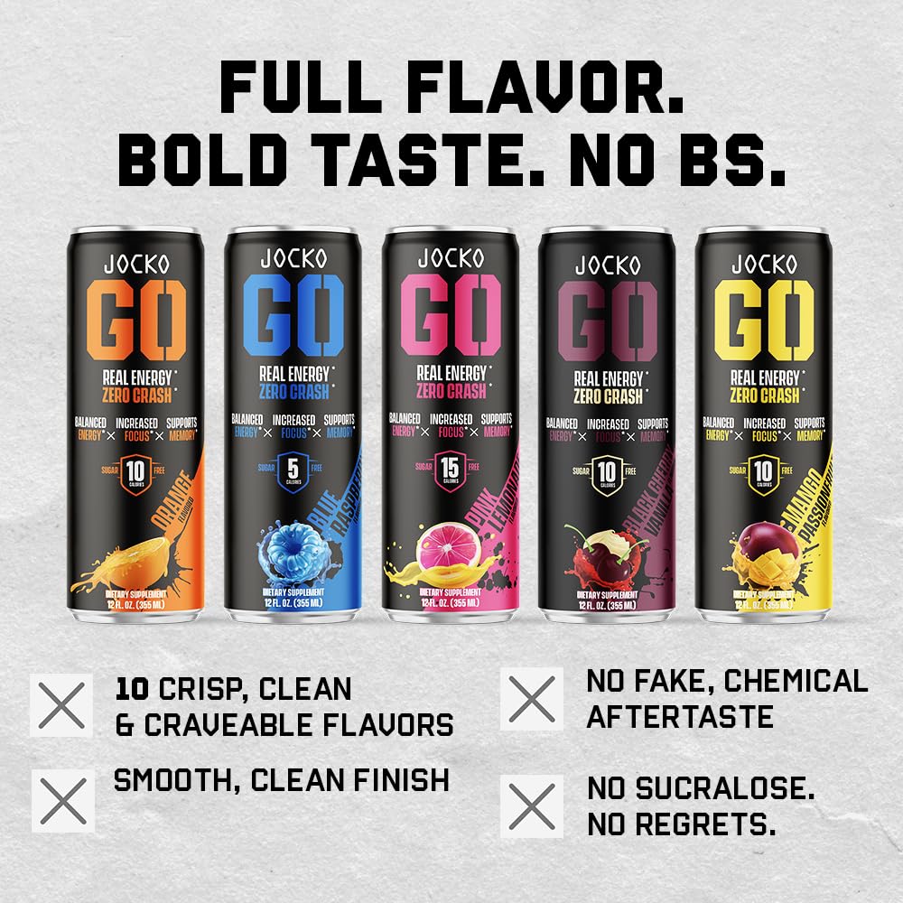 Jocko GO Energy Drink - Keto, Vitamin B12, Vitamin B6, Electrolytes, L Theanine, Magnesium- Energy Boost, Sugar Free Nootropic Monk Fruit Blend - 12 Pack (Pink Lemonade)