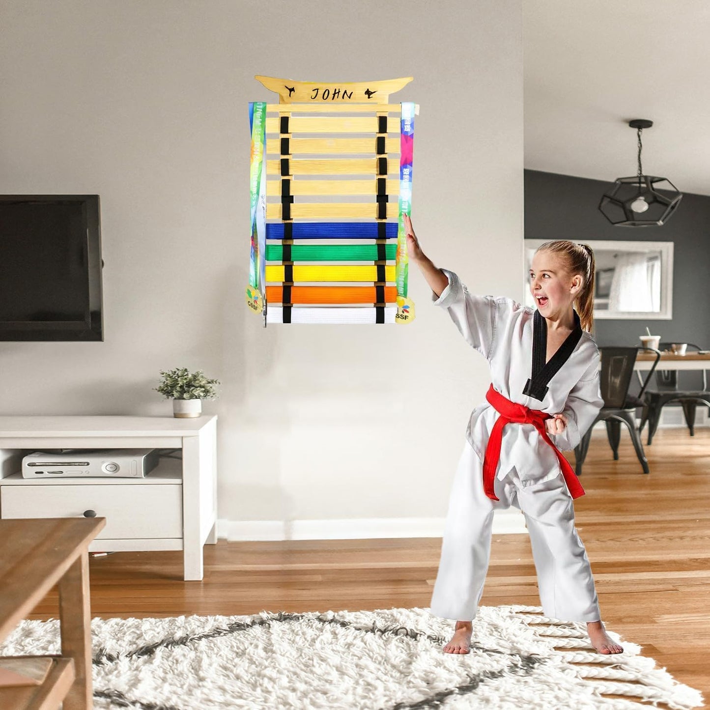 Martial Arts Belt Display Rack, Wooden Wall Mount, Karate and Taekwondo Belt Holder