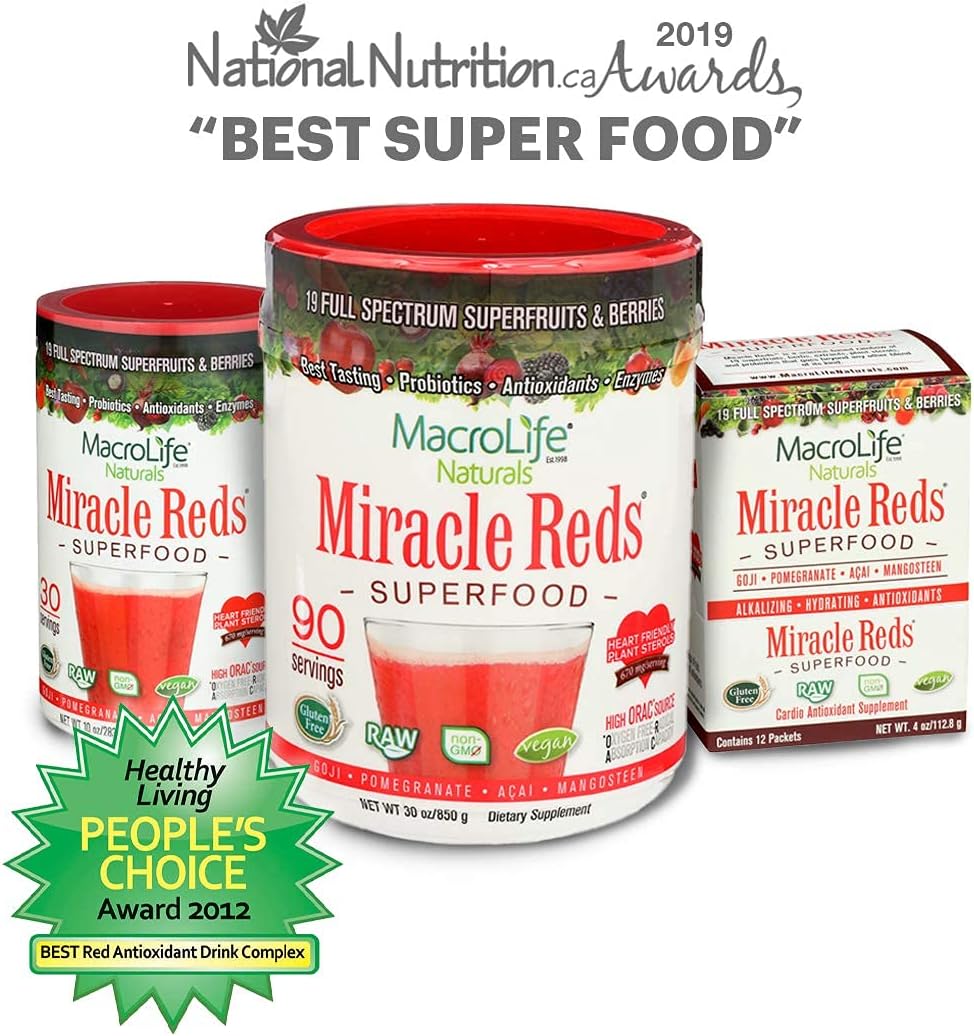 MacroLife Naturals Miracle Reds Superfood Supplement Powder Antioxidants Polyphenols Enzymes Probiotics - Raw Non-GMO Organic Vegan Gluten & Dairy Free (30 Servings)