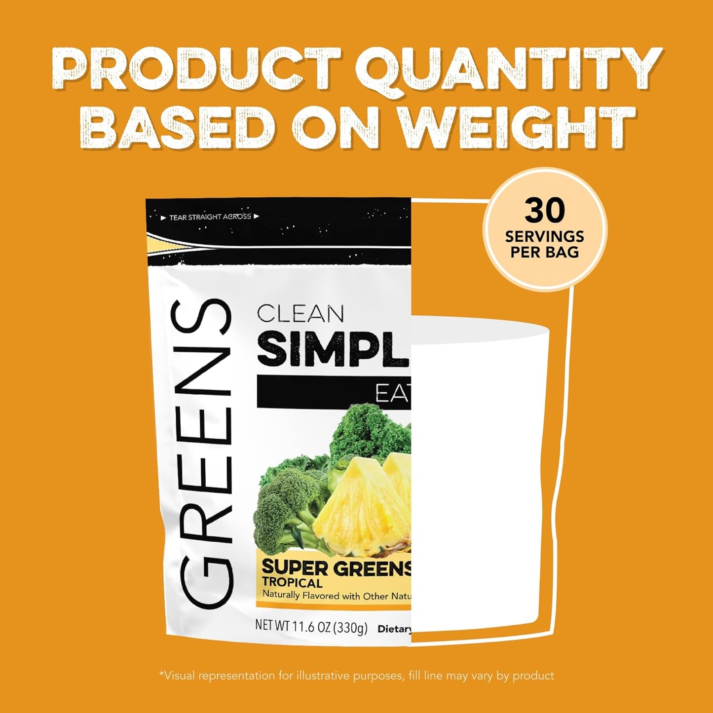 Clean Simple Eats Super Greens Powder, Naturally Flavored Greens Powder with Chlorella, Spirulina, Superfoods & Prebiotic Fiber, No Artificial Ingredients, Gluten Free, Tropical Greens Flavor, 30 Srvg