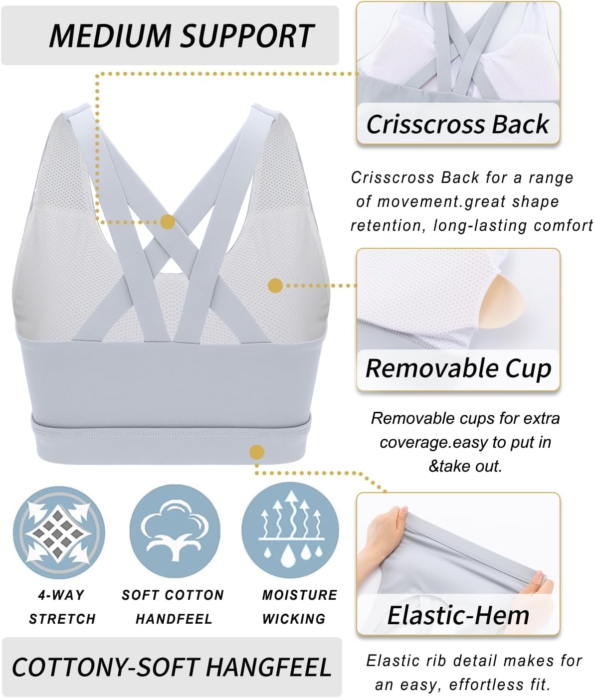 RUNNING GIRL Sports Bra for Women, Criss-Cross Back Padded Strappy Sports Bras Medium Support Yoga Bra with Removable Cups