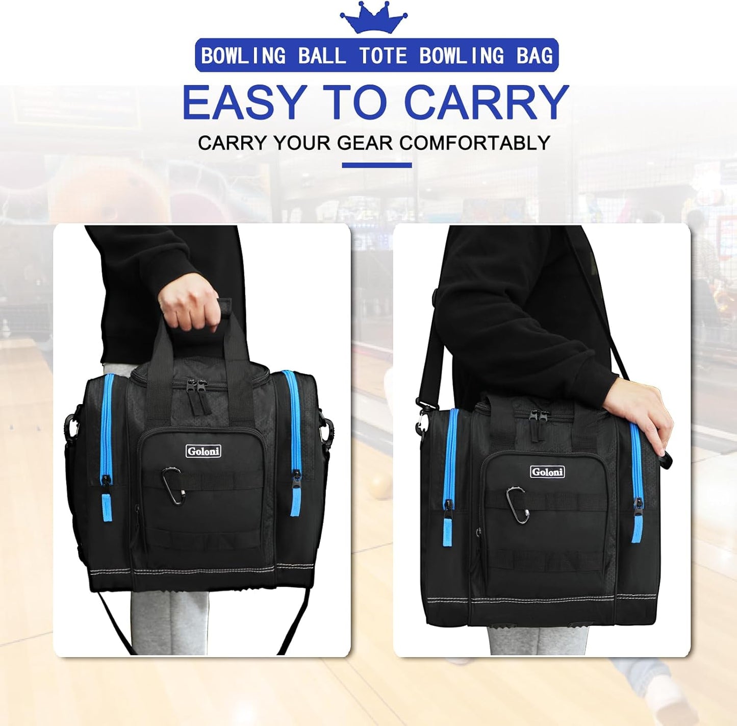 Goloni Bowling Ball Bag for Singer Ball with Padded Ball Holder, 2 Pockets fit Bowling Shoes Up to Mens Size 14 and Accessories