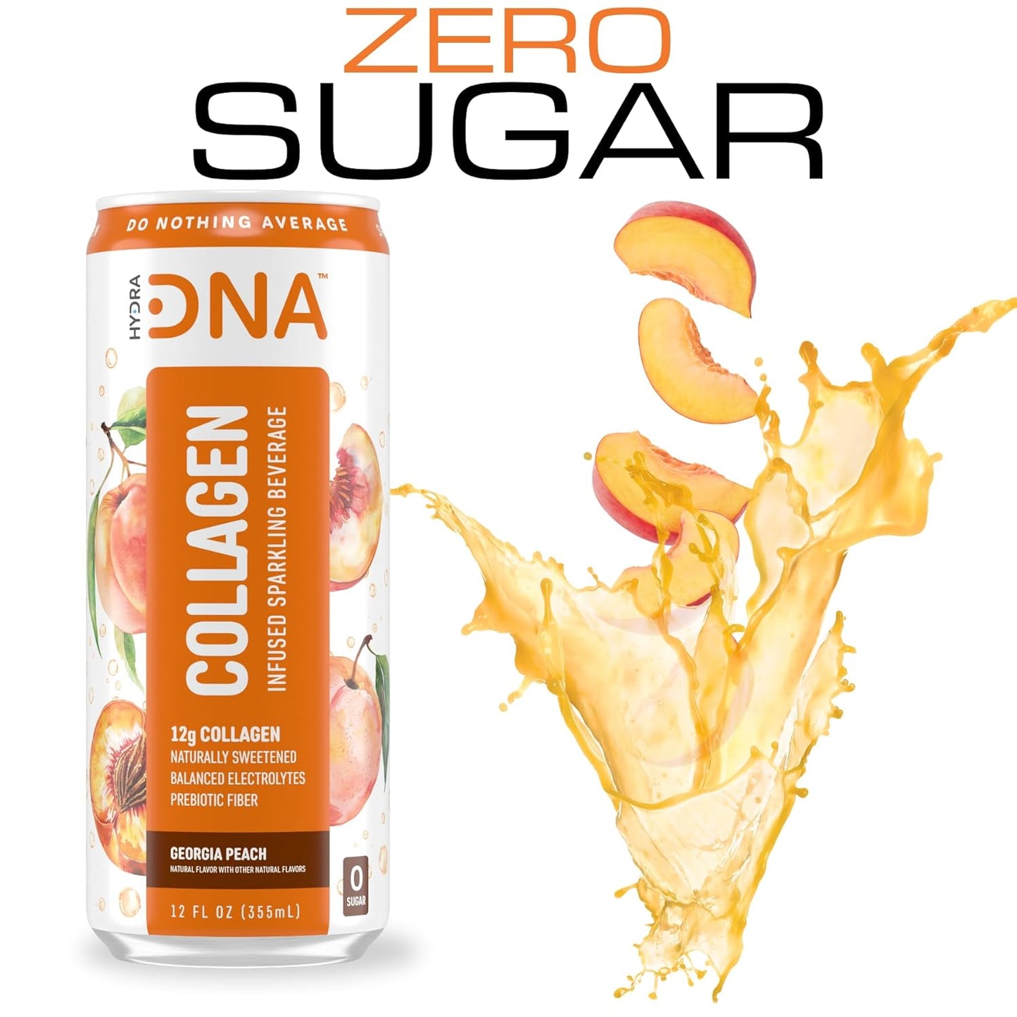 HYDRADNA- Sparkling Liquid Collagen Protein Water Drink Balanced Nutrients for Wellness - Sugar-Free - Keto-Friendly - No Gluten (12 Pack) Georgia Peach