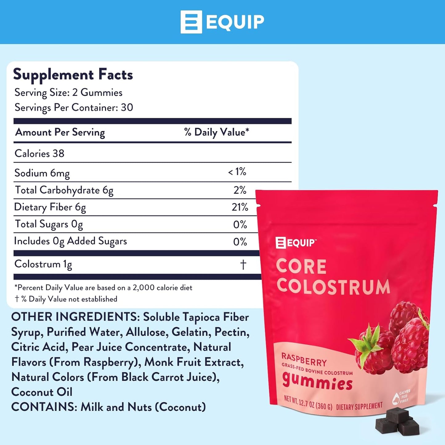 Equip Foods Core Bovine Colostrum Gummies - Delicious 1g Per Seving Grass Fed Colostrum Supplement - Gut Health, Immunity, Recovery, Hair & Skin - 60 Bovine Colostrum Gummies, 30 Servings, Raspberry