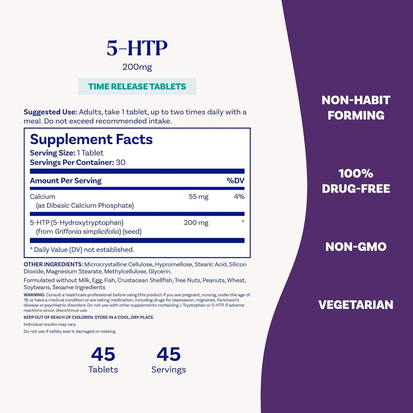 Natrol 5-HTP 200 mg, Time Release, Support a Balanced Mood, Dietary Supplement Provides Serotonin Production Throughout the Day, 30 Tablets, Up to a 30 Day Supply
