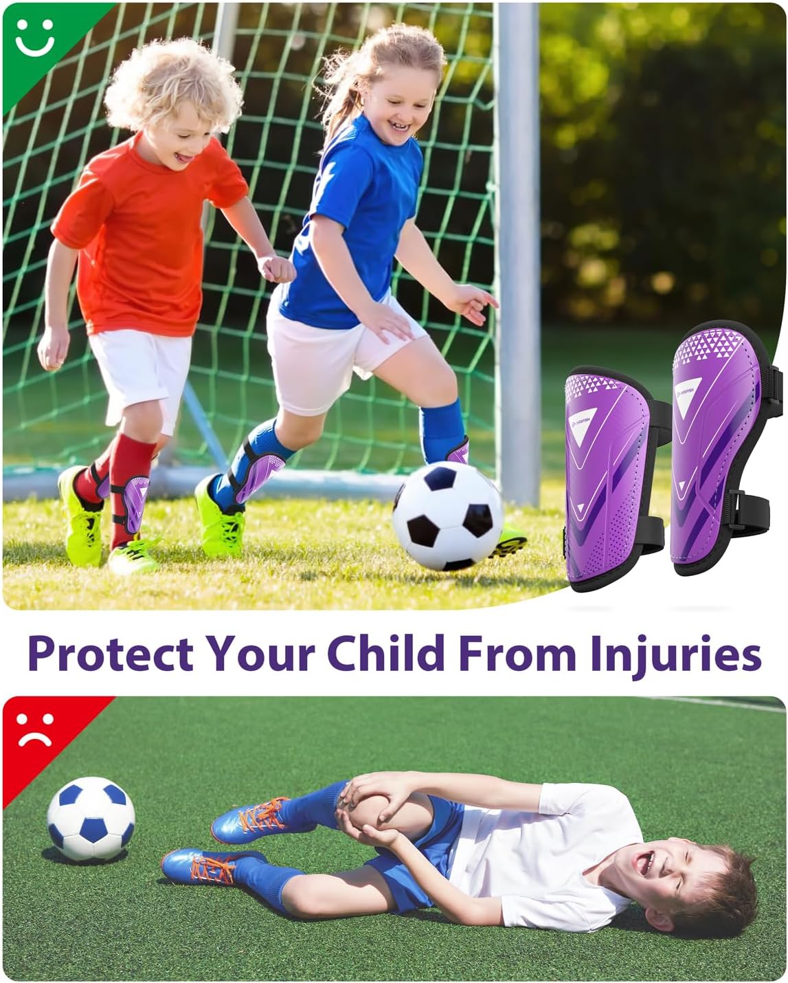 Shin Guards Soccer Kids Youth, CE Certified Airsfish Shin Guard Protection Gear for 2-18 Years Old Boys Girls Teenagers High Impact Resistant Breathable Comfortable 1 Pair 4 Sizes