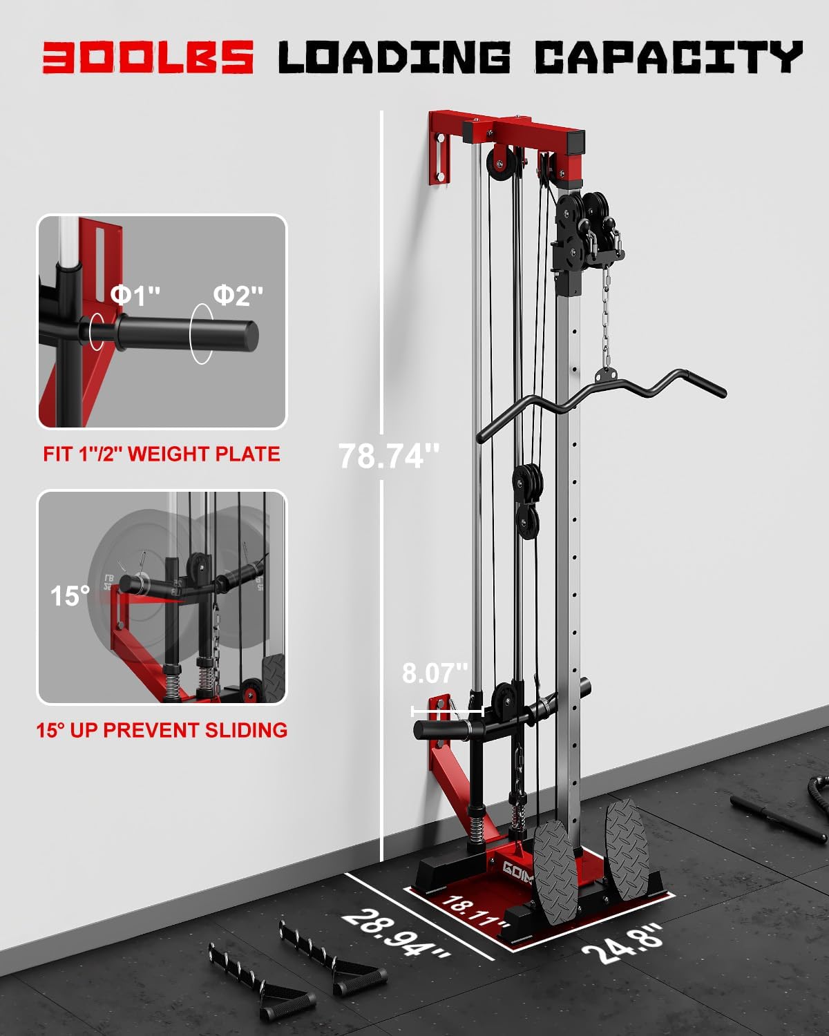Wall Mount Cable Station, WM1 Cable Crossover Machine with 17 Positions, High and Low Cable Crossover Machine with Removable Footplate for Garage Home Gym