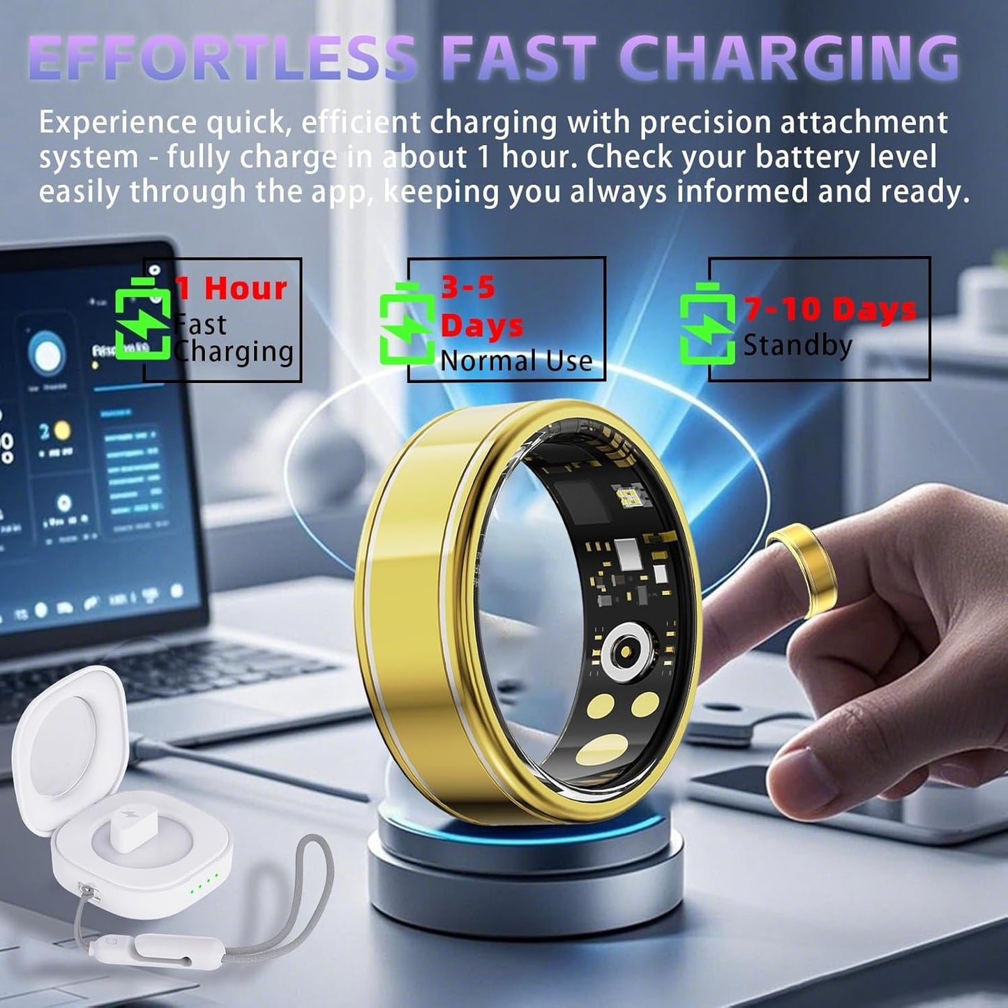 Health Fitness Tracker Ring for Women Men – Smart Ring with Heart Rate, SpO2, Blood Pressure, Sleep Monitoring with Charging Case,Remote Photography, Family Care, No Subscription Fee (Gold 11)