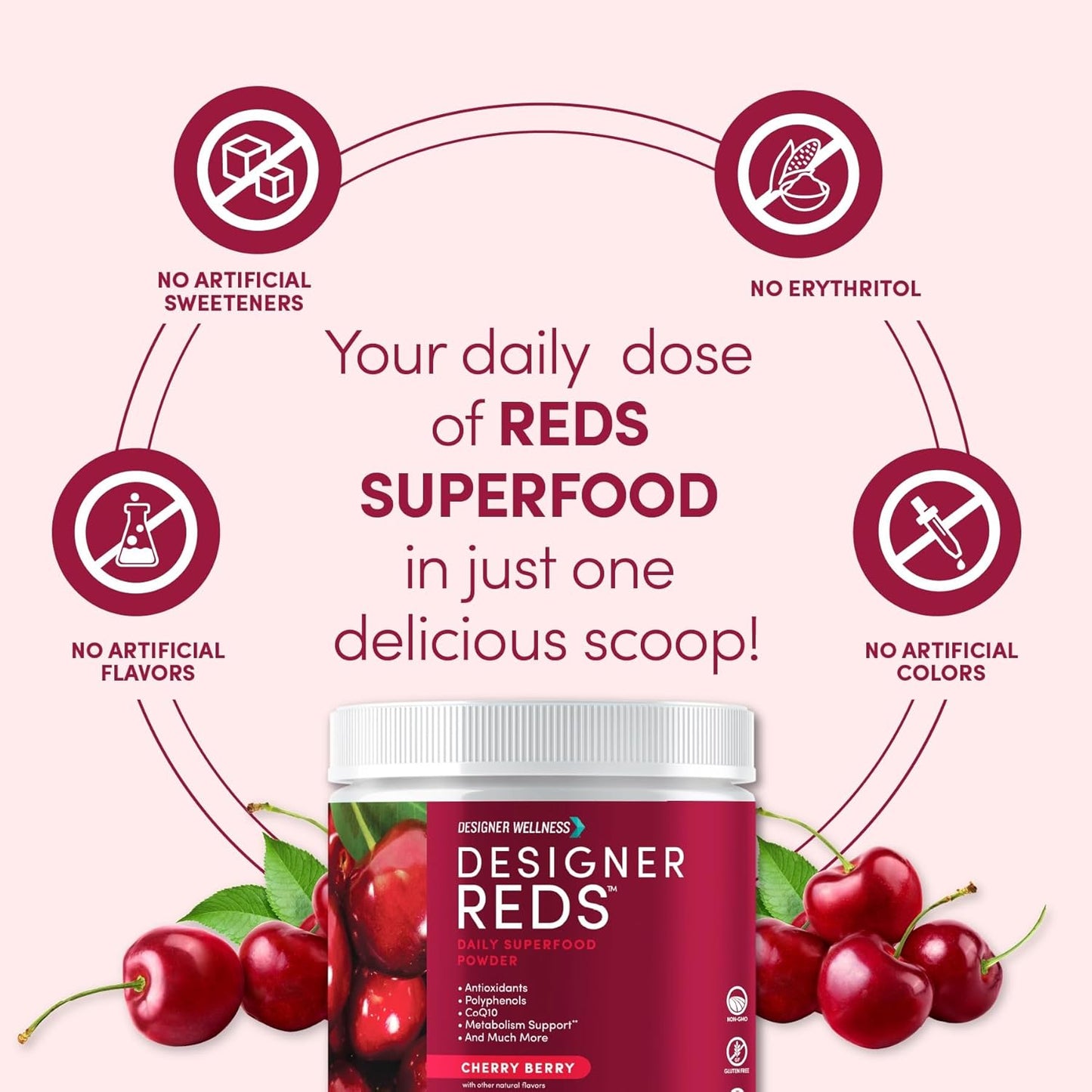 Designer Wellness, Designer Reds, Daily Superfood Powder with Beet Root, Support for Energy, Stress, Immune Health, Heart Health, and Digestive Health, Cherry Berry, 30 Servings