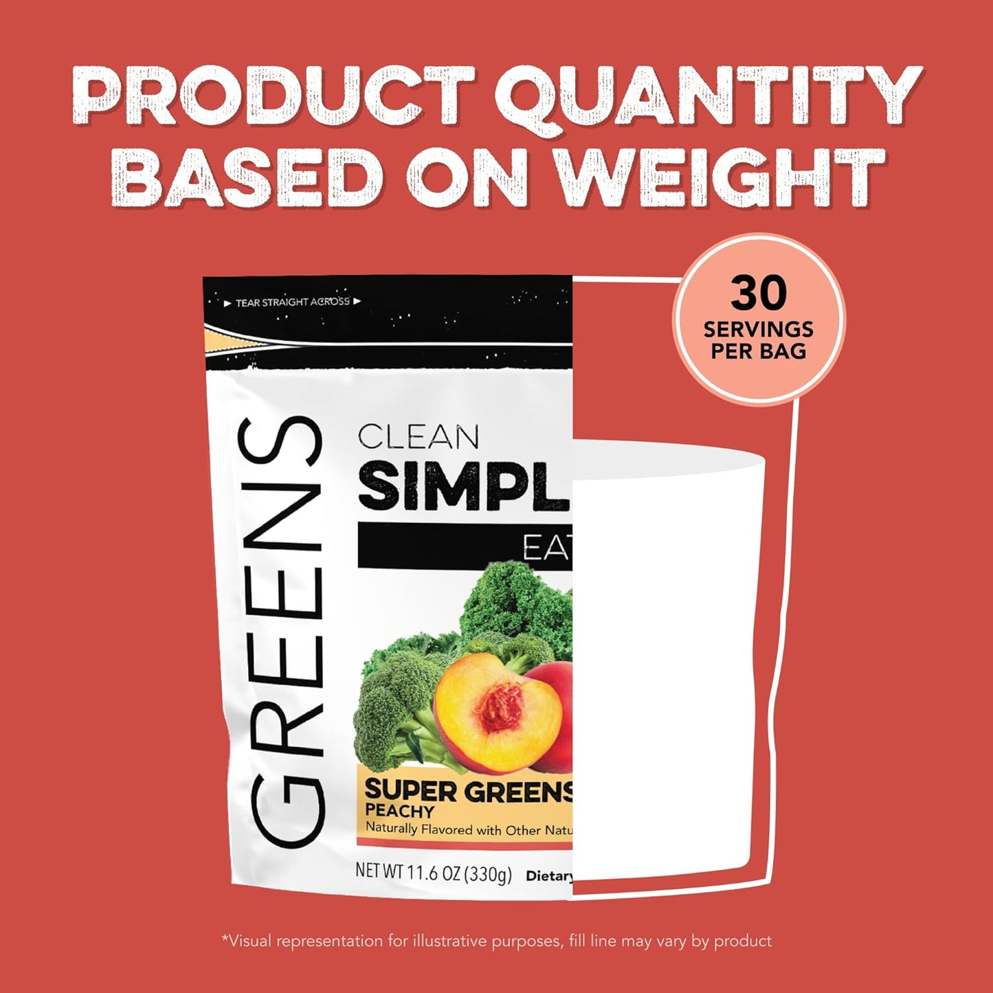 Clean Simple Eats Super Greens Powder, Naturally Flavored Greens Powder with Chlorella, Spirulina, Superfoods & Prebiotic Fiber, No Artificial Ingredients, Gluten Free, Peachy Greens Flavor, 30 Srvgs