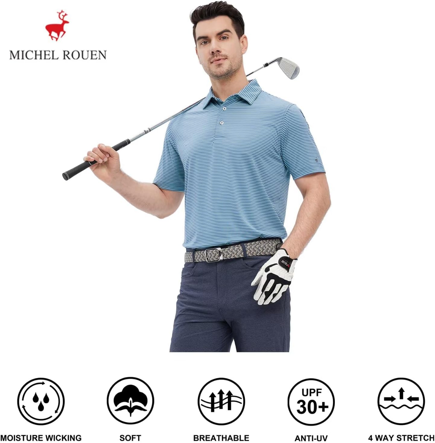 Mens Golf Shirt Moisture Wicking Dry Fit Performance Sport Short Sleeve Striped Golf Polo Shirts for Men