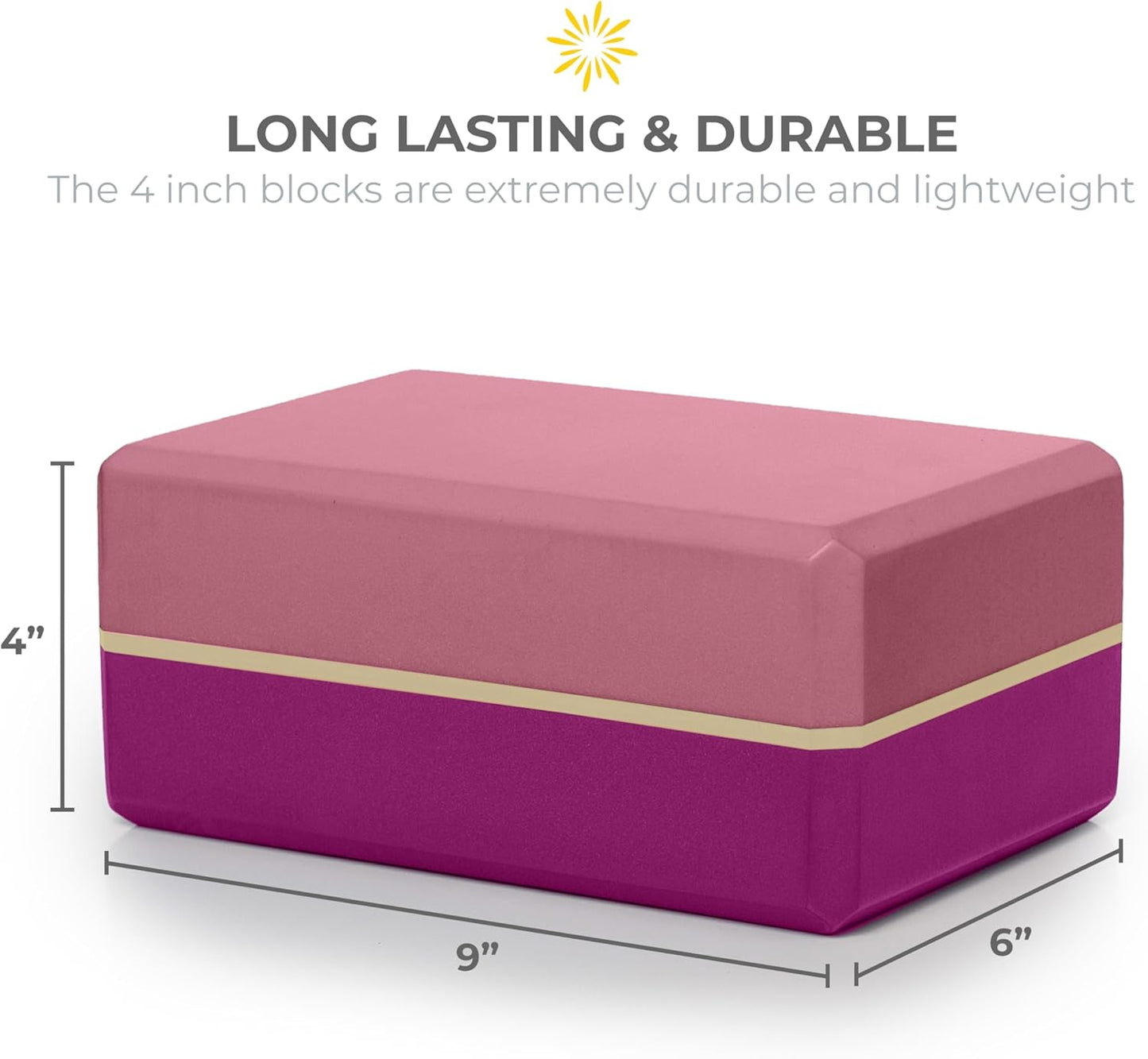 Sunshine Yoga 4" Striped Yoga Block, 10 Pack Bulk EVA Foam Yoga Blocks, Firm and Supportive Yoga Brick, Balance Foam for Stretching, Pilates, and Workout, 4" x 6" x 9"