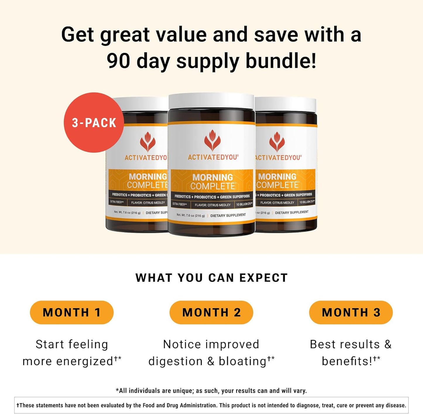 ACTIVATEDYOU Morning Complete Daily Wellness Greens Superfood Drink Mix for Gut Health w/Prebiotics, Probiotics, Antioxidants, Green Superfoods, 10 Billion CFUs (3 Pack, Citrus Medley)