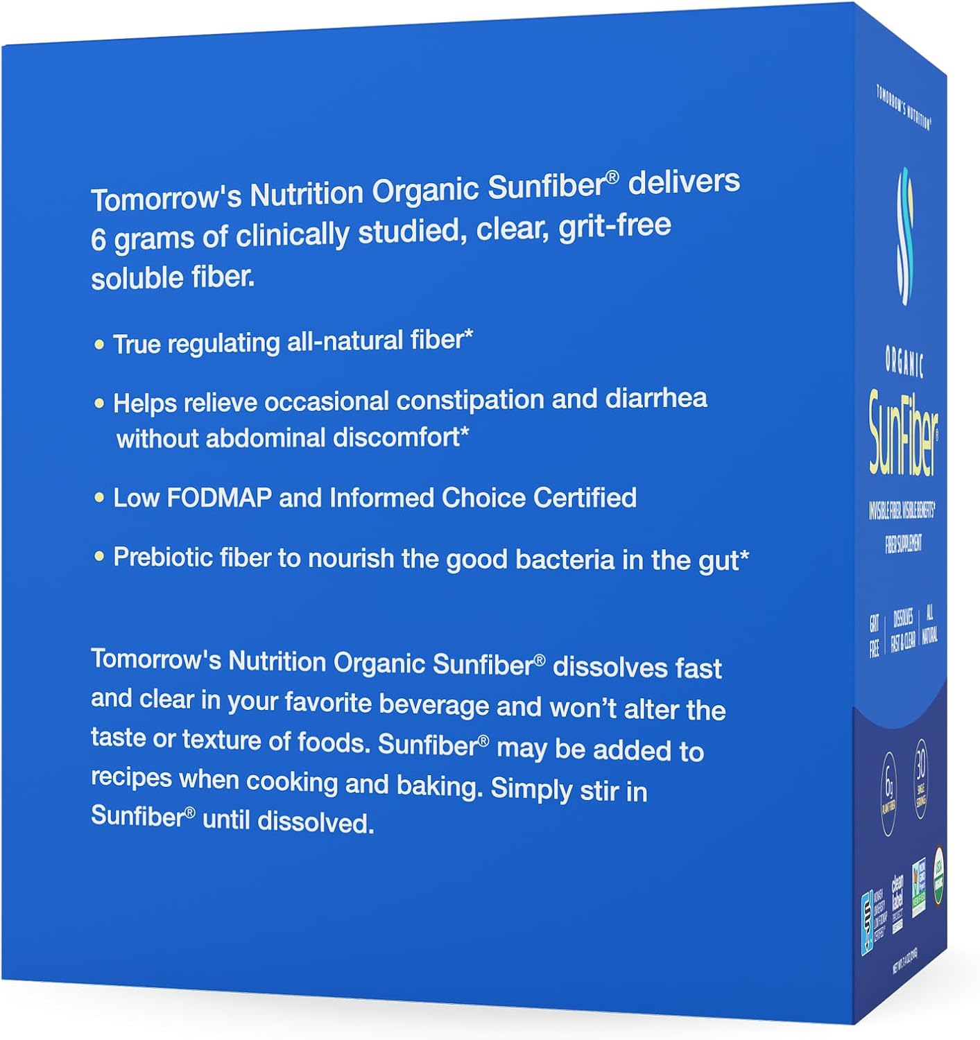 Tomorrow's Nutrition, Organic Sunfiber Stick Packs, Prebiotic Fiber Supplement for Digestive Health, Low FODMAP, Gluten-Free, 30 Packets, Blue