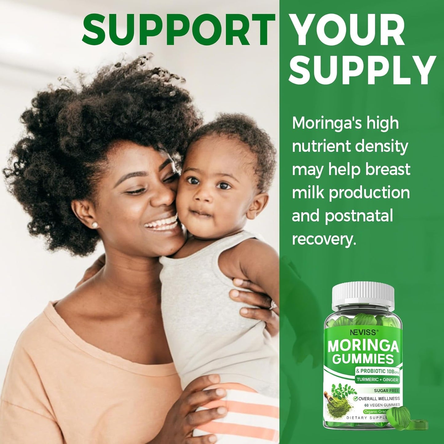 Moringa Gummies for Women Men, Sugar Free, Vegan, with 10 Billion CFU Probiotic Turmeric Ginger Ceylon Cinnamon, Chewable Organic Pure Moringa Leaf Supplement for Adults | Gut & Immune Support, 60Cts