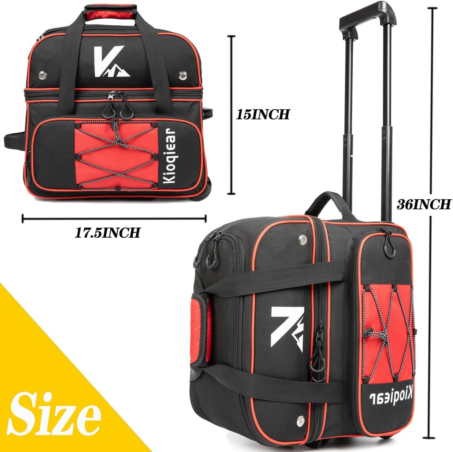 Double Roller 2 Ball Bowling Bag with Large Separate Shoe Compartment and Oversized Accessory Pocket, 36" Extendable Handle.