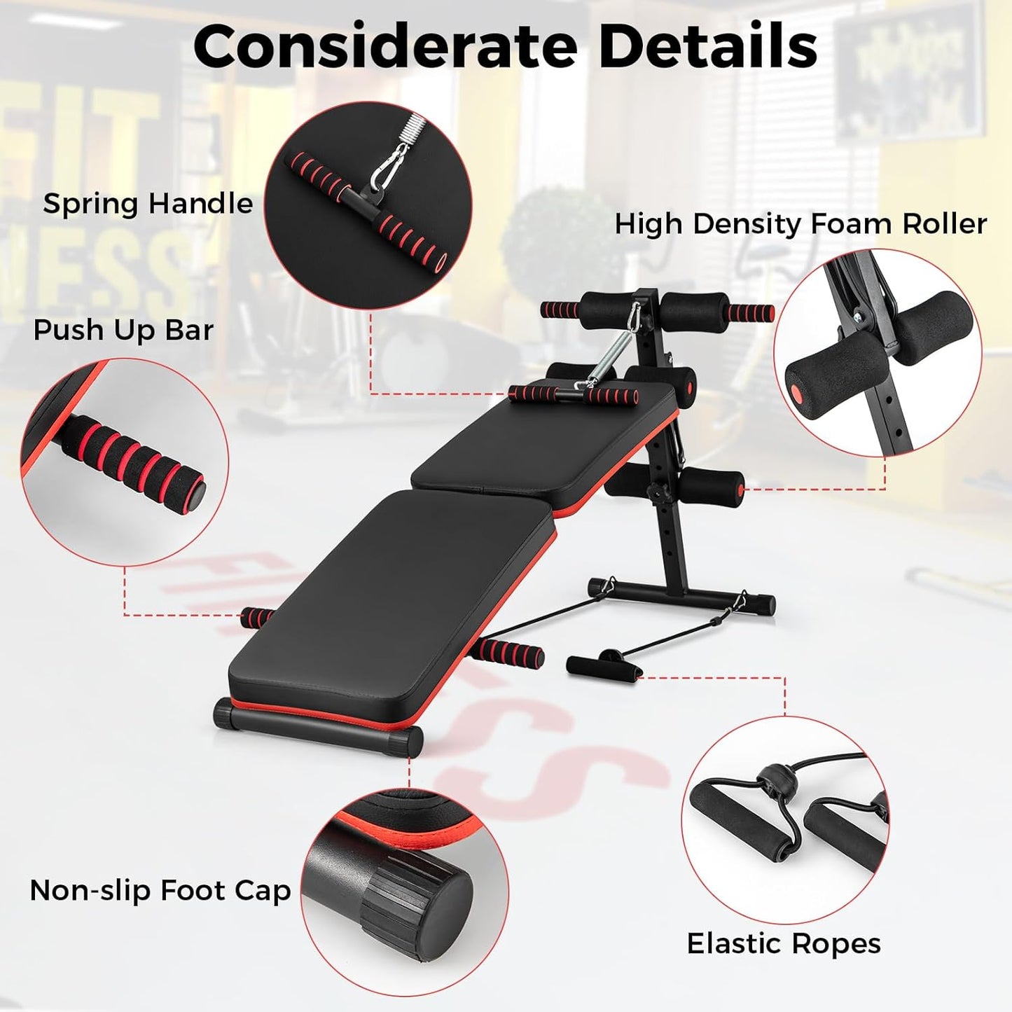 GYMAX Sit Up Bench, 330lbs Folding Decline Workout Bench with Spring Handle, Elastic Ropes & 4 Level Adjustable Height, Incline Weight Bench for Situp, Ab Crunch, Strength Training Exercise for Home Gym