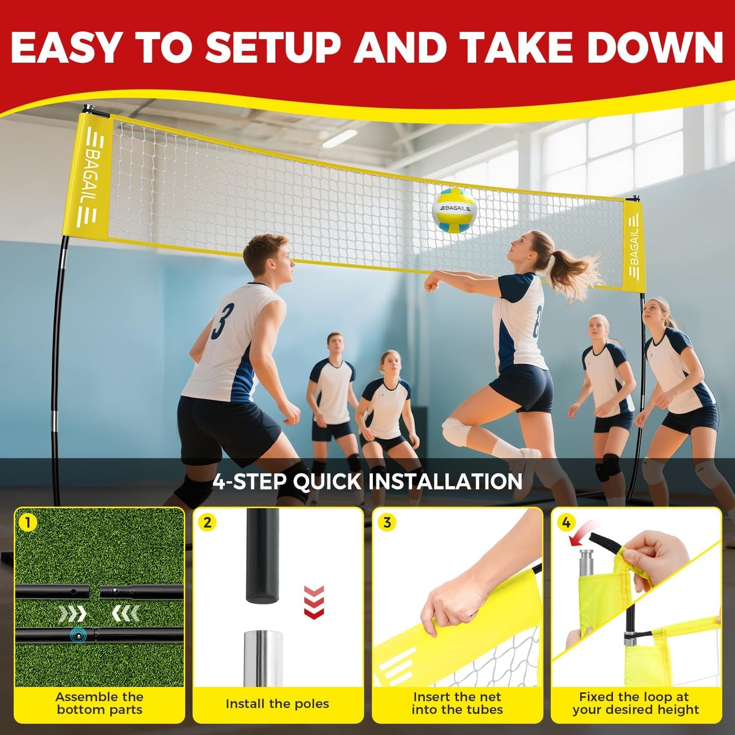 BAGAIL Volleyball Net, 12ft/20ft Portable Volleyball Net for Backyard - Adjustable Height, Heavy-Duty Frame, Freestanding Design - Portable Outdoor/Indoor Volleyball Set with Carry Bag