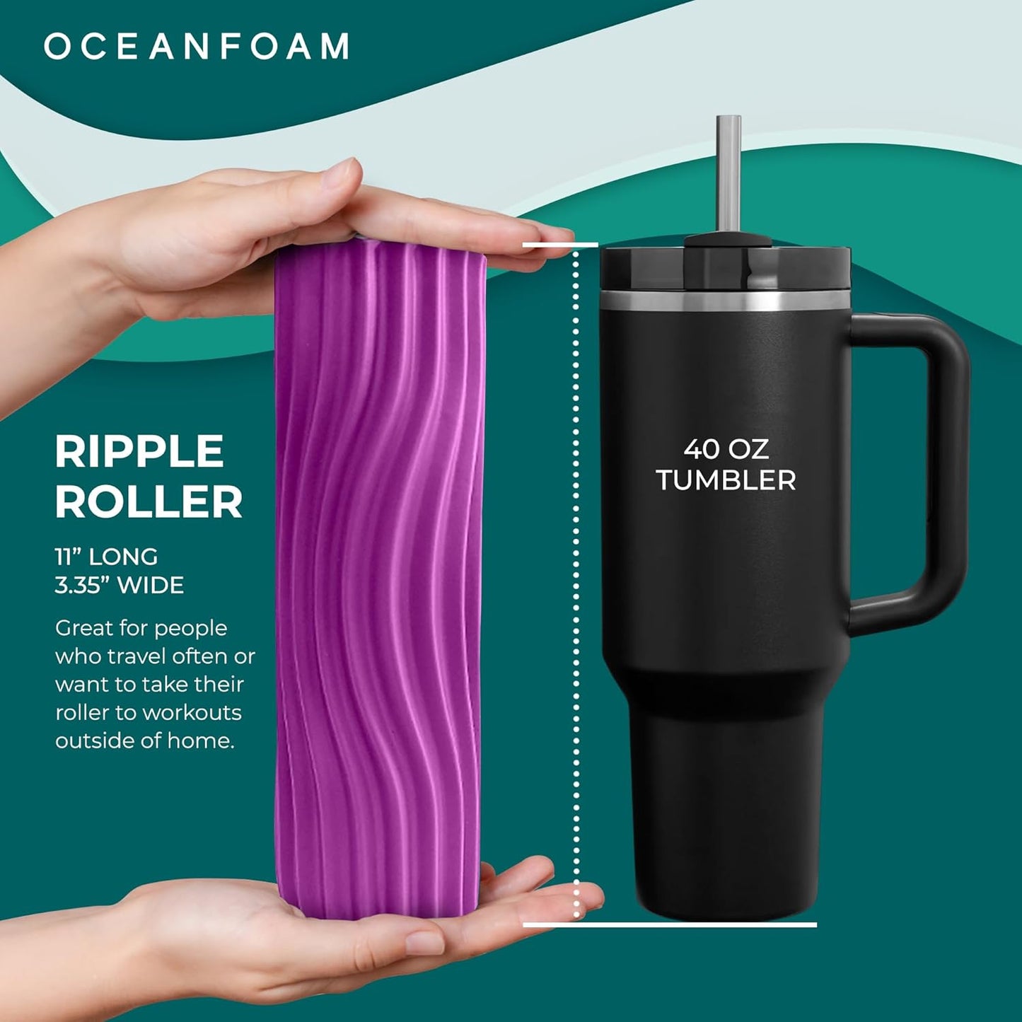 Oceanfoam Ripple Travel Foam Roller (11" x 3.35") Firm Mini Foam Roller for Physical Therapy, Deep Tissue Massage, Back Pain - High Density, Ergonomic Wave Textured - Yoga, Pilates, Exercise (Magenta)