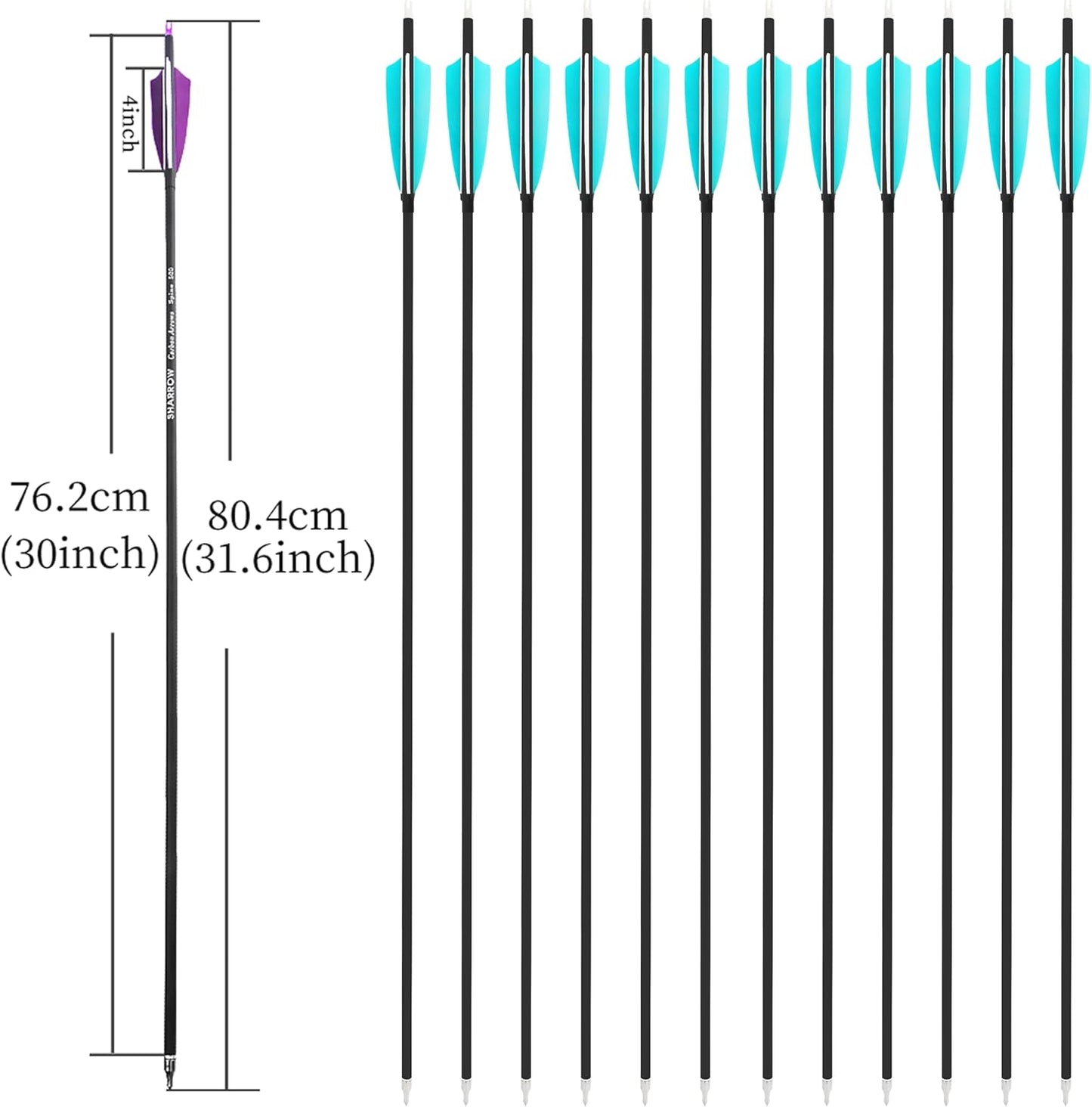 ZSHJGJR 30 Inch Archery Carbon Arrows Hunting Arrows with 4” Turkey Feather Target Practice Arrows Spine 500 for Compound & Recurve &Traditional Bow 6/12pcs