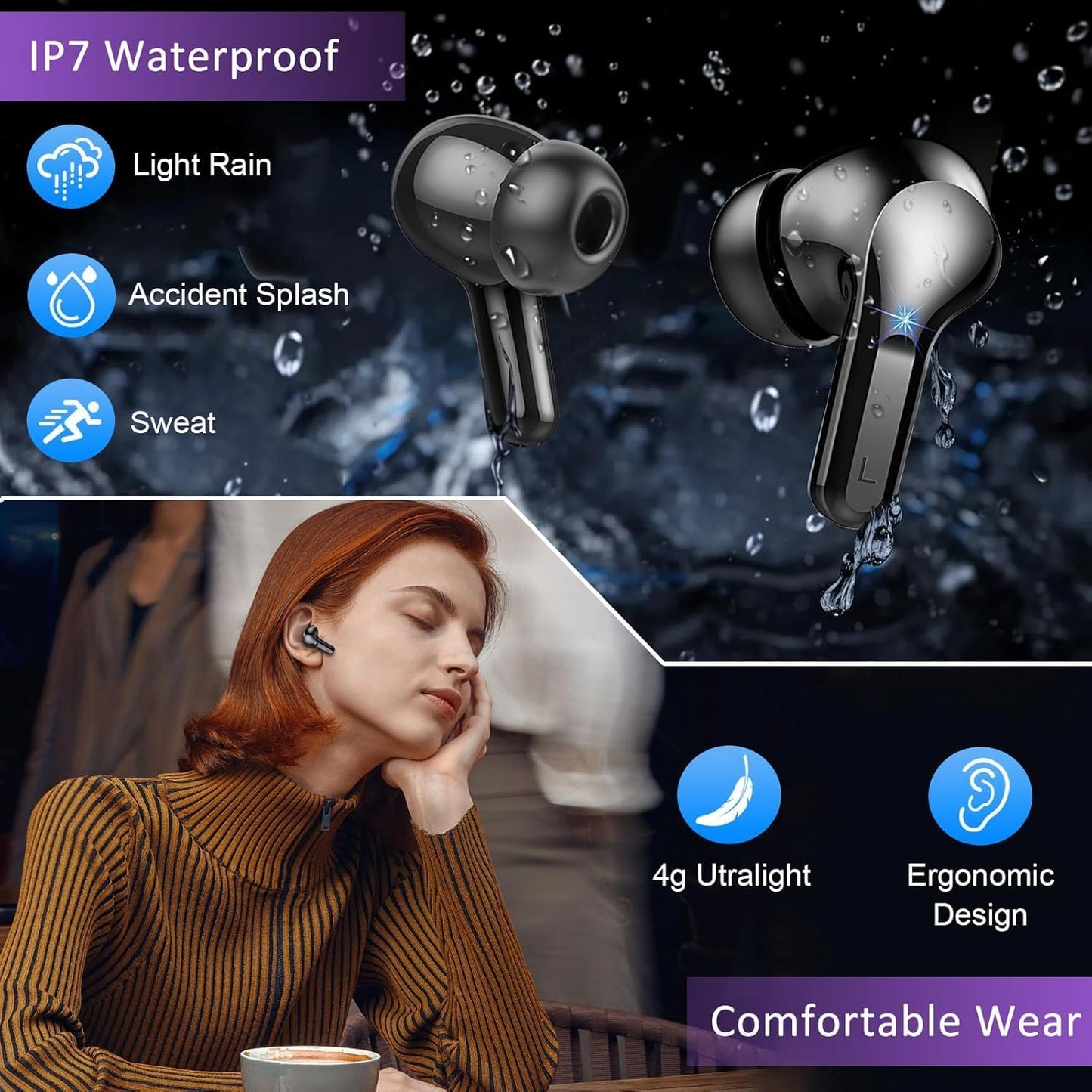 Wireless Earbuds, 2025 Bluetooth Headphones 5.3 HiFi Stereo Ear buds with ENC Noise Cancelling Mics, 40H Bluetooth Earbuds with Dual LED Display Charging Case, IP7 Waterproof Earphones for Android iOS