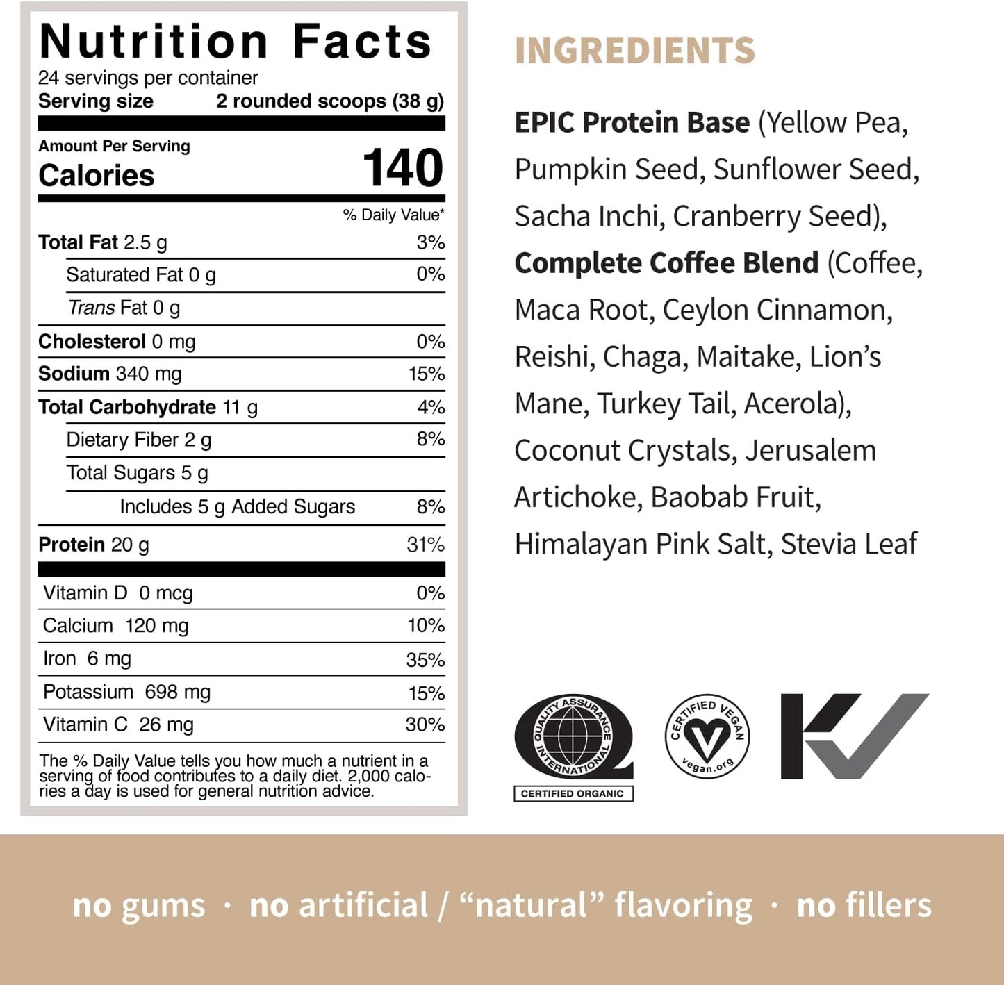 Sprout Living, Epic Protein, Plant Based Protein & Superfoods Powder, Complete Coffee | 20 Grams Organic Protein Powder, Adaptogens, Mushrooms, Vegan, Non-GMO, Gluten Free (2 Pound, 24 Servings)