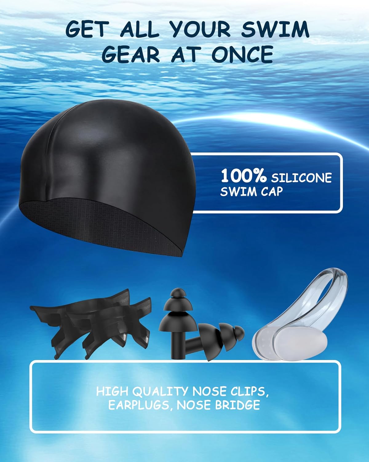 Kids Swim Goggles, Swimming Goggles for Kids Toddlers 3-14 with Swim Cap, Nose Clip, Nose Bridge, Ear Plugs