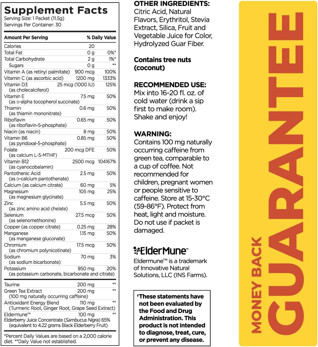 Pureboost Immune Clean Energy Booster, Refreshing Energy Drink Mix and Immunity Supplement with Elderberry, 1,200 mg Vitamin C, Vitamins A + D, and Zinc. (Tropical Spark, 30 Count)