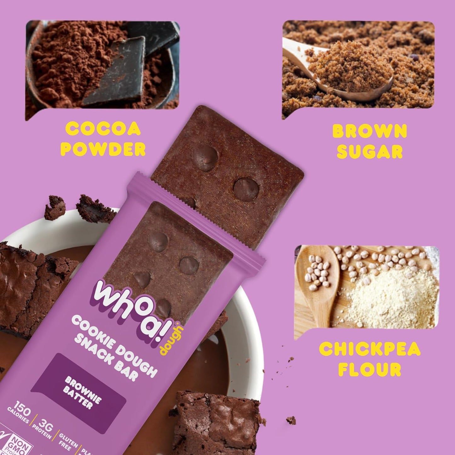 Whoa Dough Edible Cookie Dough Bars- Certified Non-GMO, Kosher and Gluten Free Bars - Healthy Snack Foods - Plant Based Snacks Made With Real Ingredients - Brownie Batter Cookie Dough - 10 Pack