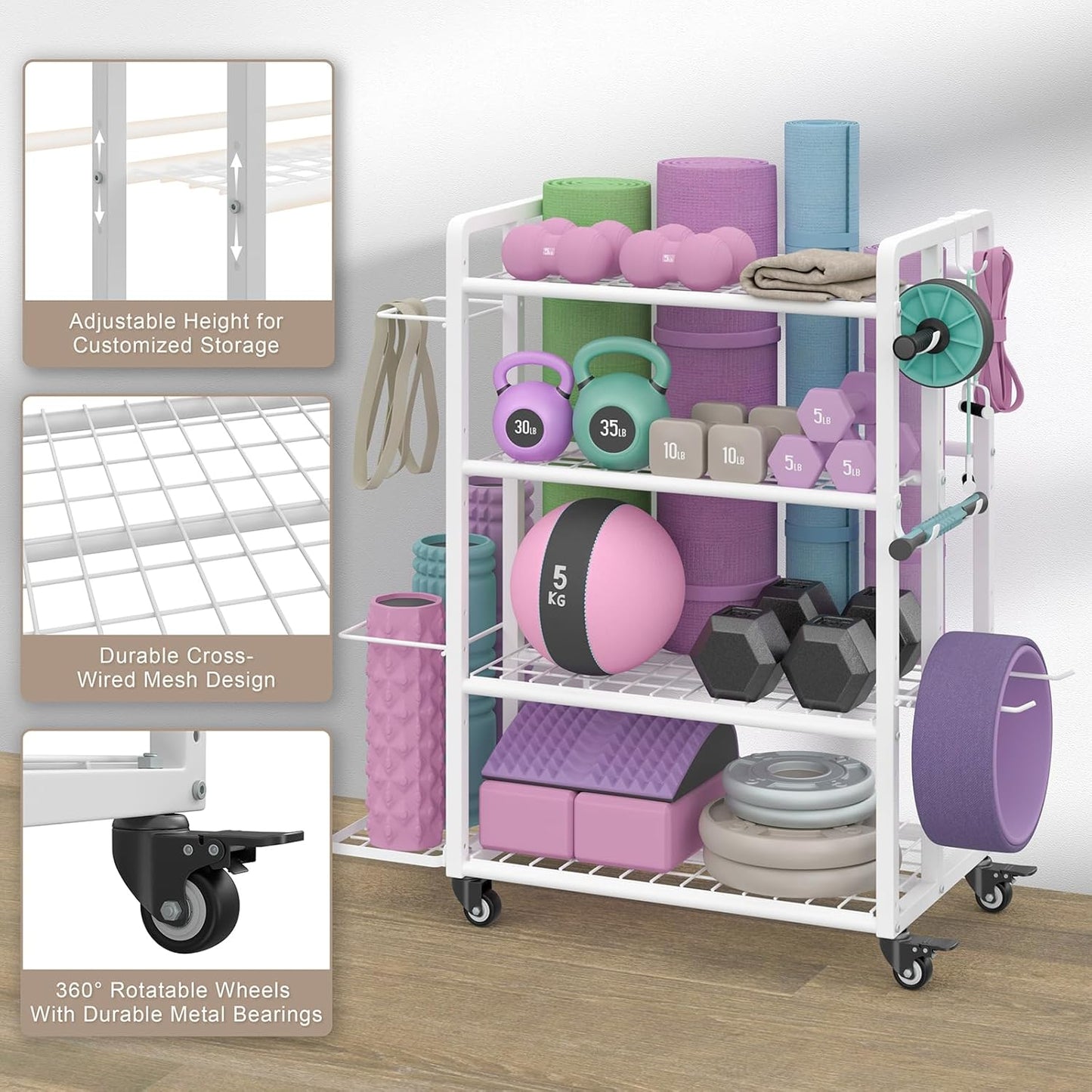 4-Tier Dumbbell Rack Stand Only, Adjustable Weight Rack for Dumbbells Kettlebells Yoga Mat, Home Gym Storage Rack with Wheels and Hooks, Powder Coated Finish