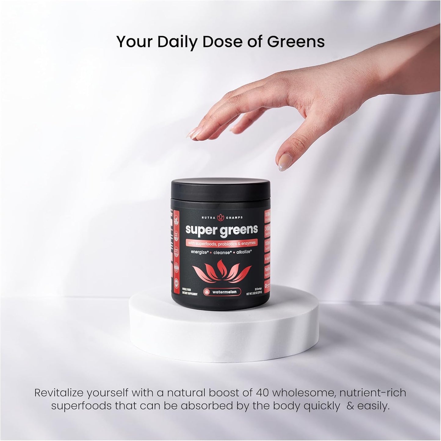 NutraChamps Super Greens Powder Premium Superfood | 20+ Organic Green Veggie Whole Foods | Alfalfa, Spirulina, Chlorella & More | Antioxidant, Digestive Enzyme & Probiotic Blends | Watermelon