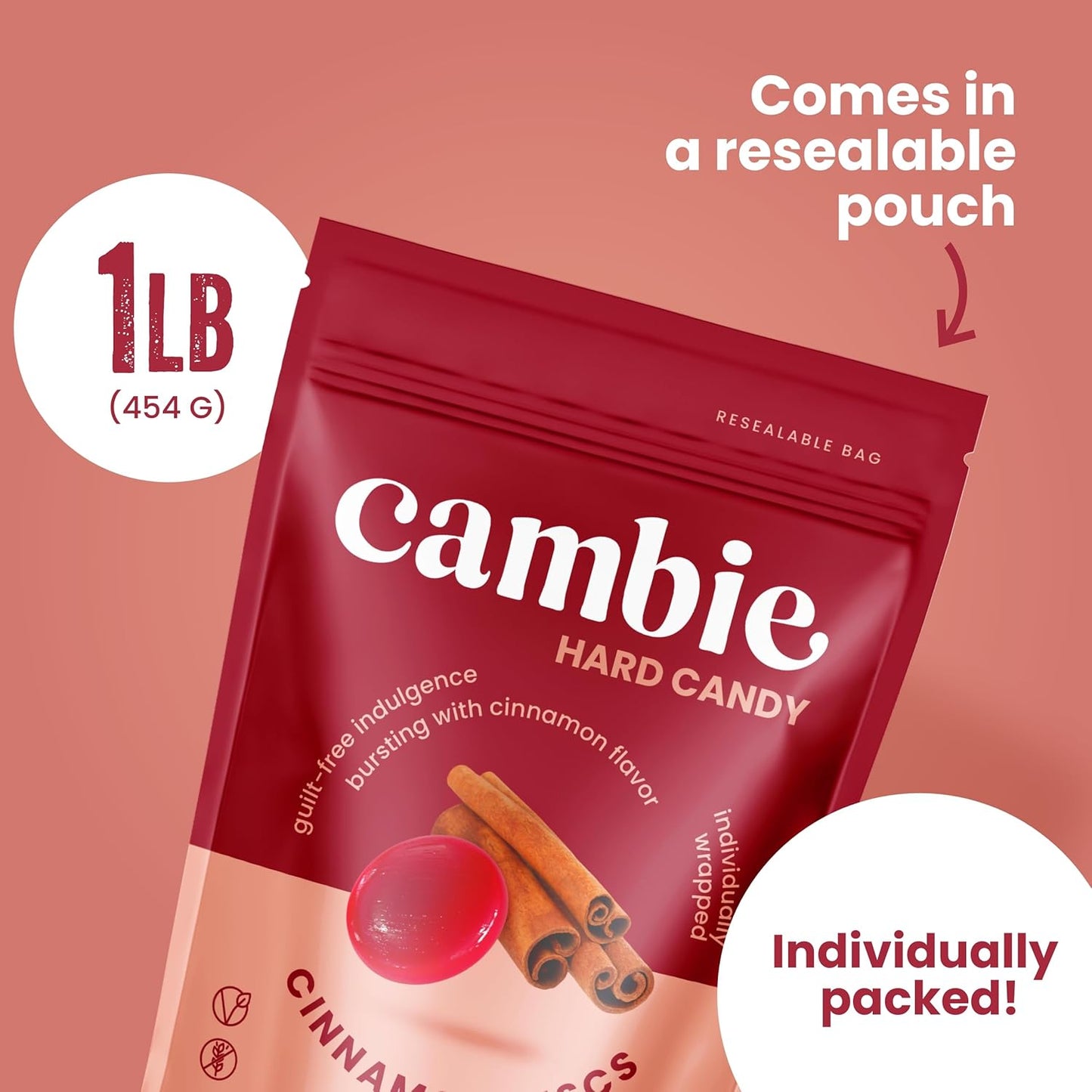 Cambie Sugar Free Cinnamon Hard Candy, 1 lb of Sugar Free Hard Candy, Individually Wrapped Cinnamon Discs, Fiery & Sweet Flavor packaged in a Resealable Pouch