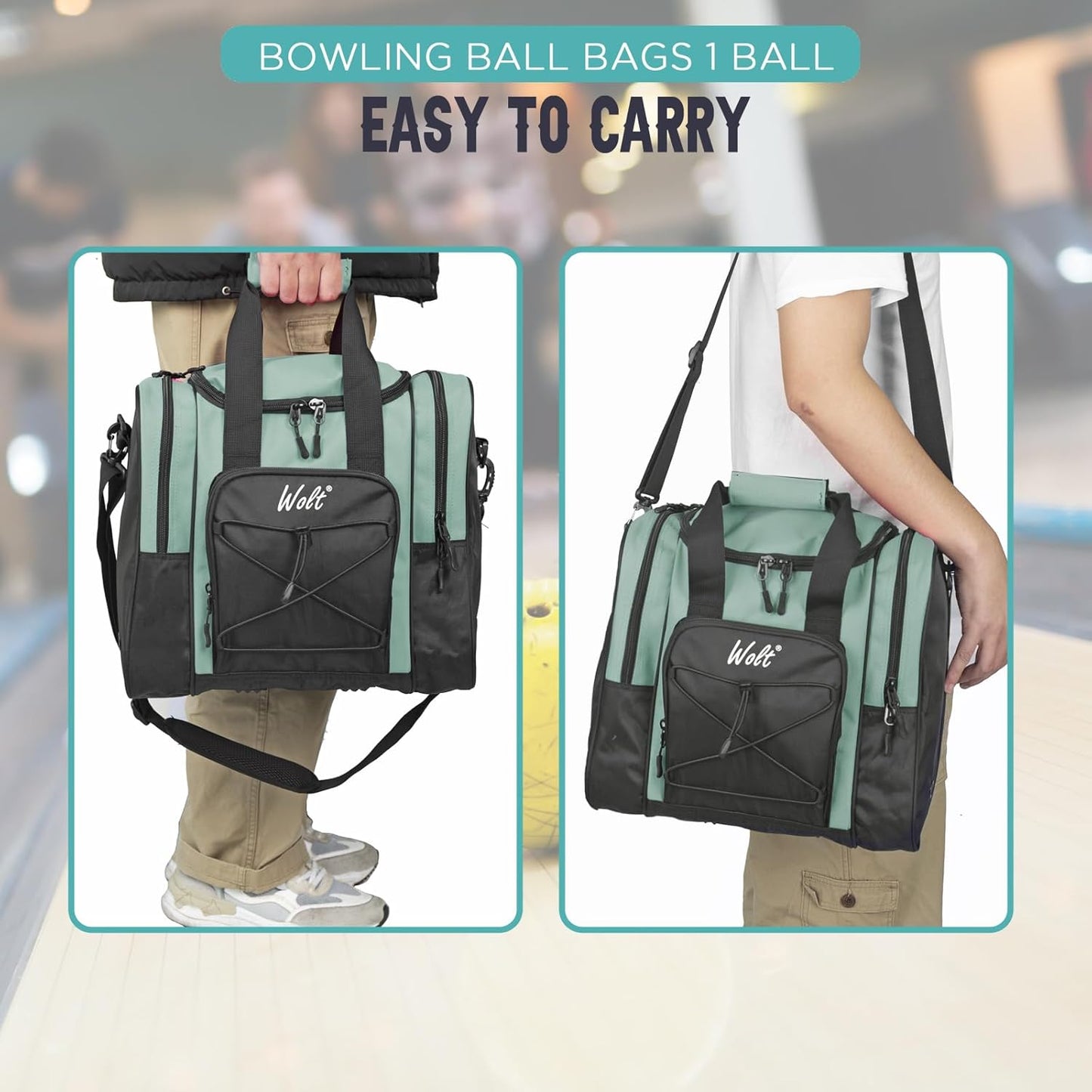 WOLT Bowling Ball Bag for Single Ball - Bowling Ball Tote Bag with Padded Ball Holder, 2 Pockets fit Bowling Shoes Up to Mens Size 14 and Accessories