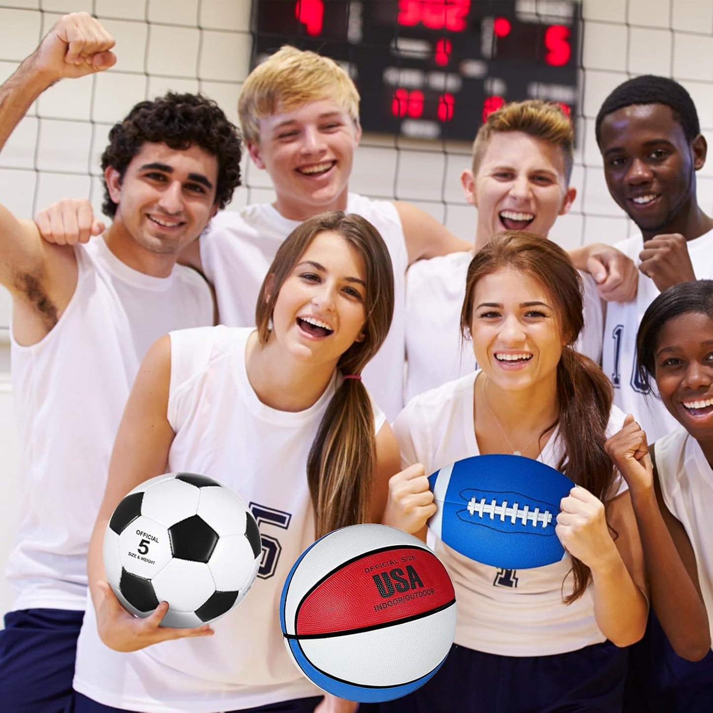 Sratte 6 Pcs Sports Balls Set for Kids Teens Adults Official Size Football Soccer Basketball with Pump Sports Equipment Bag for Youth Training Practice Gift Back to School