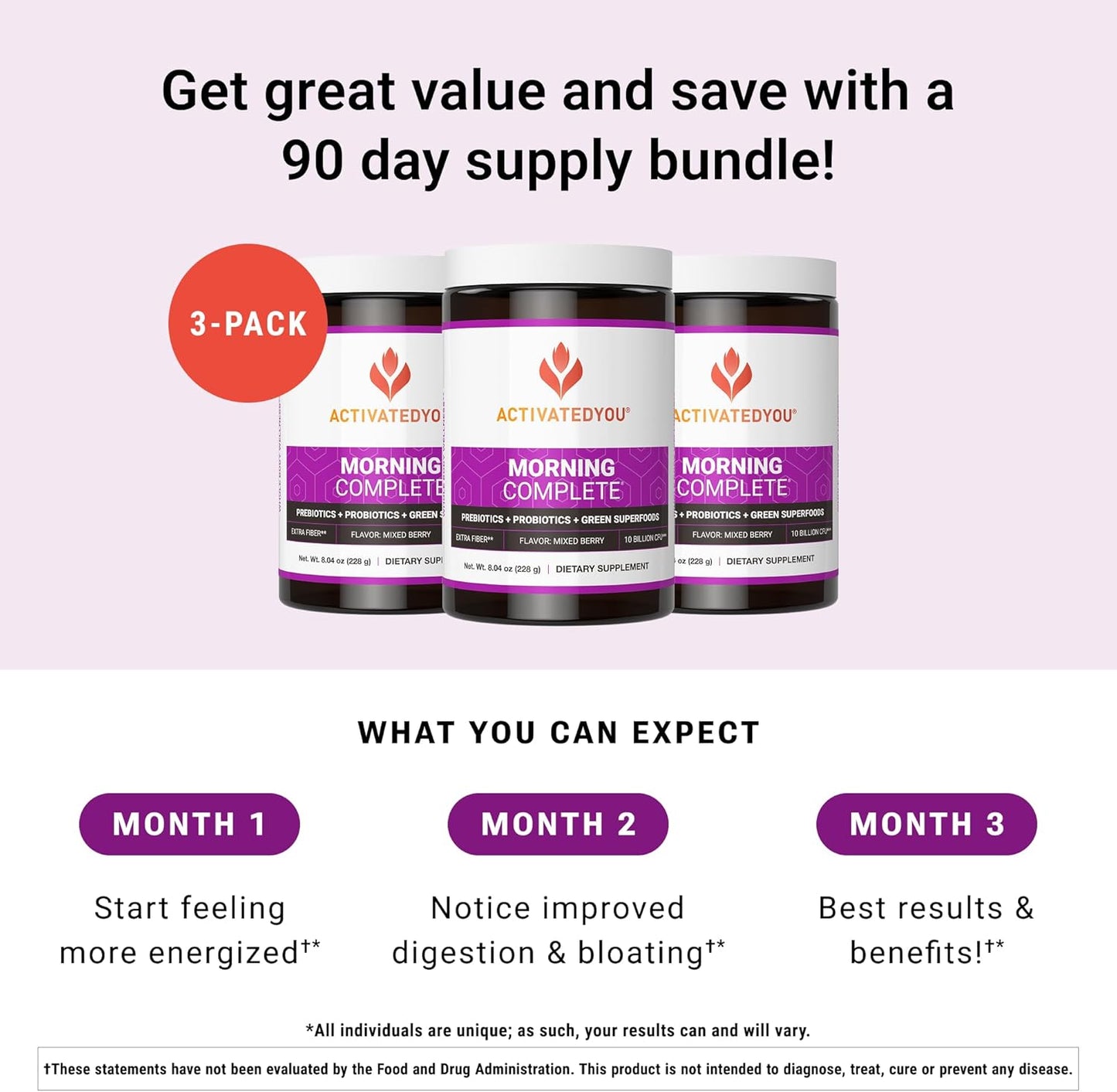 ACTIVATEDYOU Morning Complete Daily Wellness Greens Superfood Drink Mix for Gut Health w/Prebiotics, Probiotics, Antioxidants, Green Superfoods, 10 Billion CFUs (3 Pack, Mixed Berry)