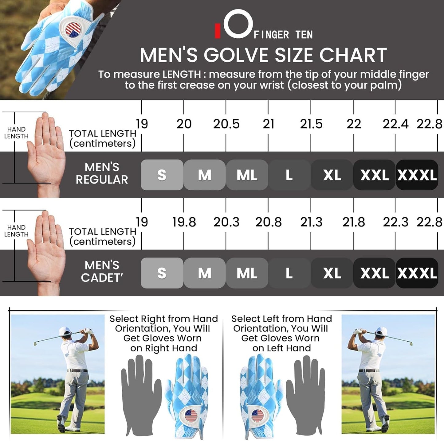 FINGER TEN Golf Gloves Men Left Hand Right with Ball Marker USA Flag Blue Camo Plaid Pack, Mens Leather Golf Glove All Weather Grip Small Medium ML Large XL