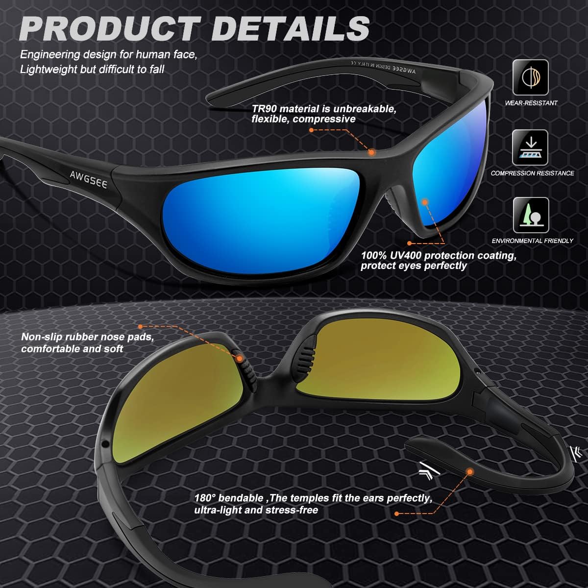 Polarized Sports Sunglasses for Men,TR90 Unbreakable Frame Sunglasses for Fishing Driving Cycling UV400 Protection